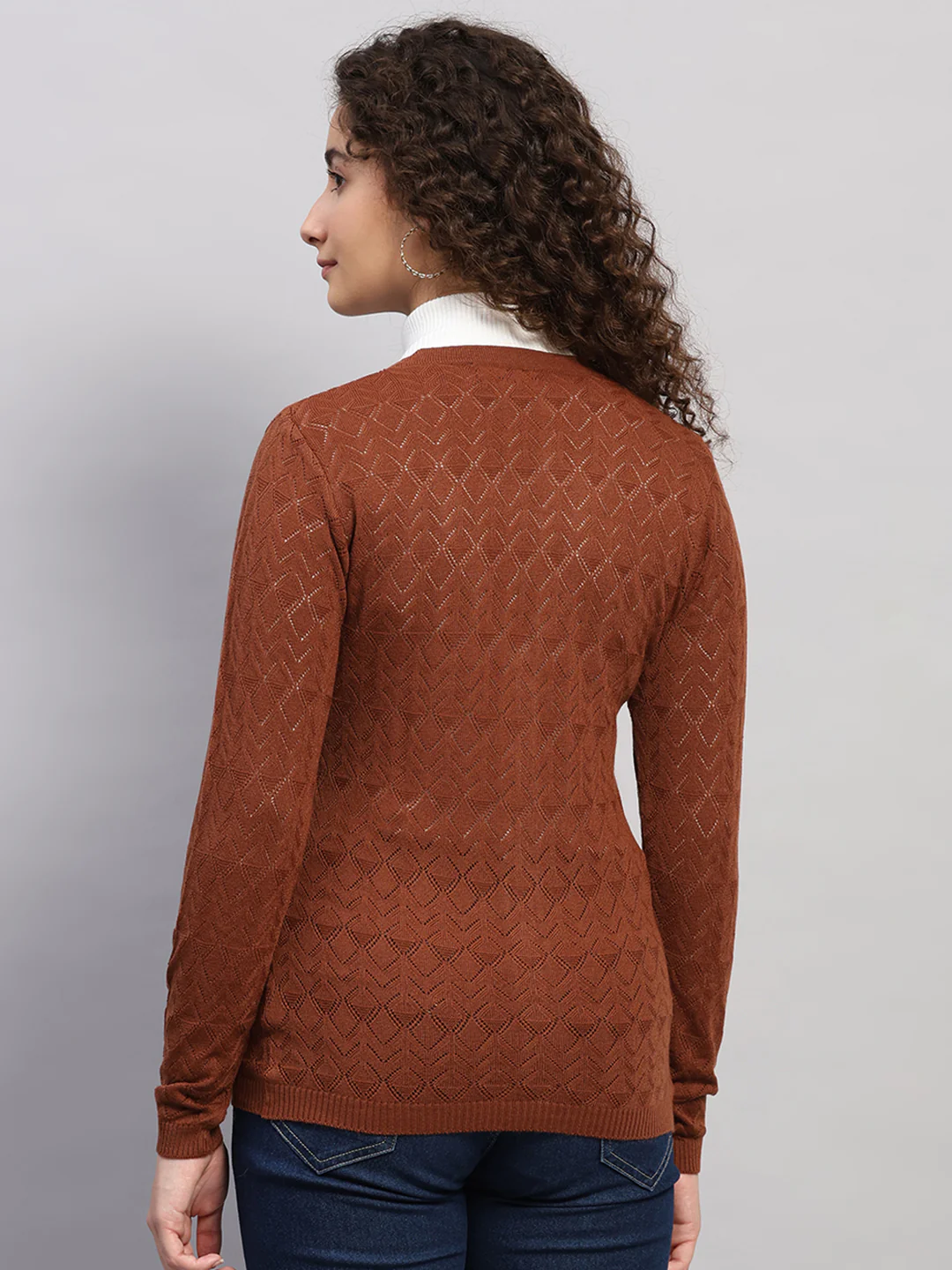 Women Brown Self Design V Neck Full Sleeve Cardigan - Image 5