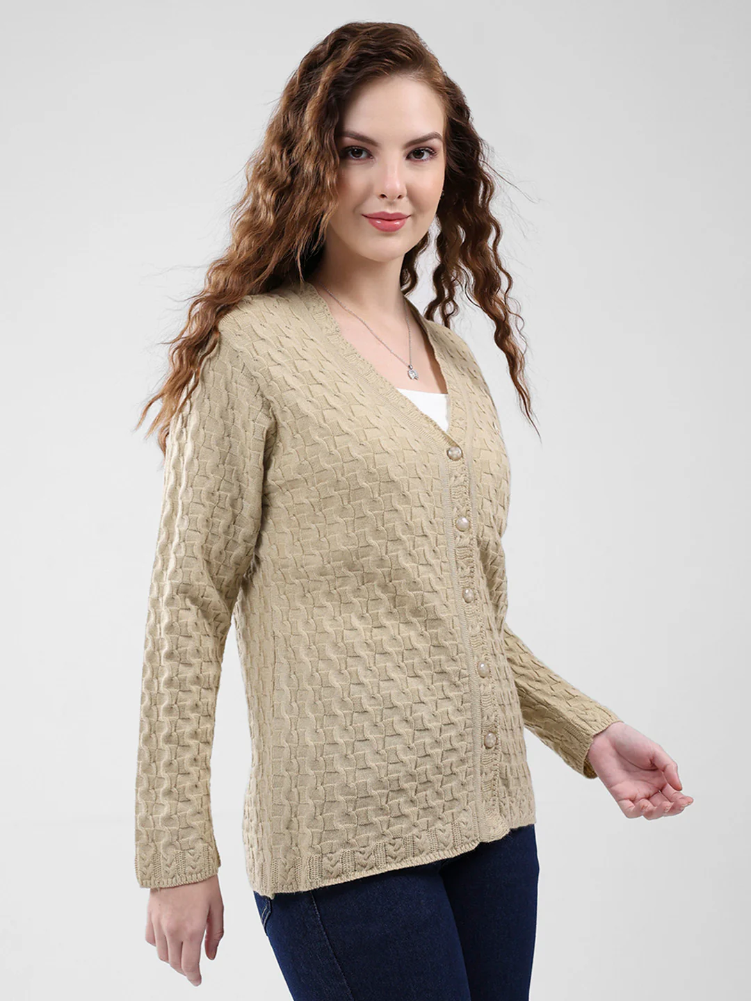 Women Brown Self Design V Neck Full Sleeve Cardigan - Image 4