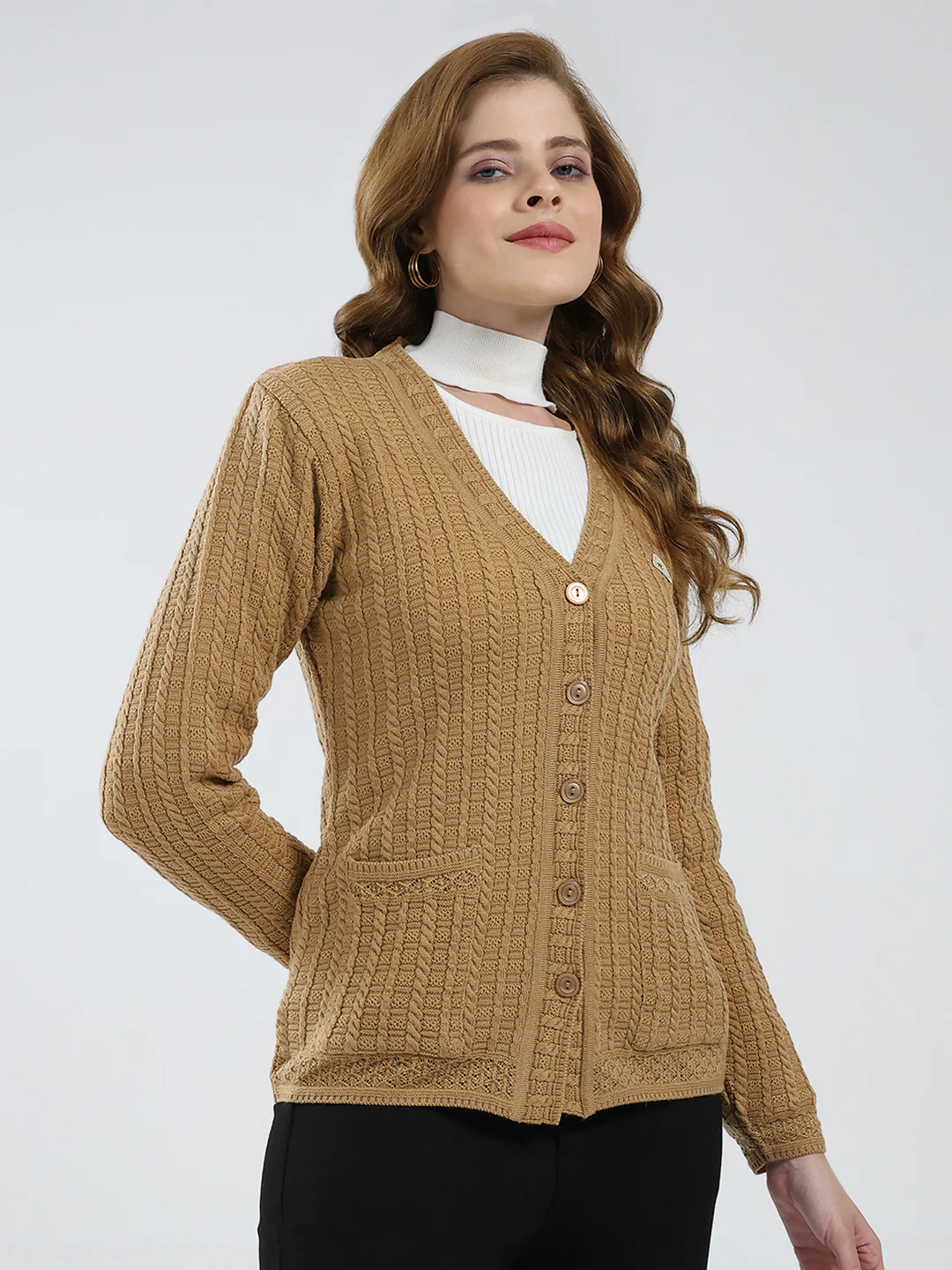 Women Brown Self Design V Neck Full Sleeve Cardigan - Image 4