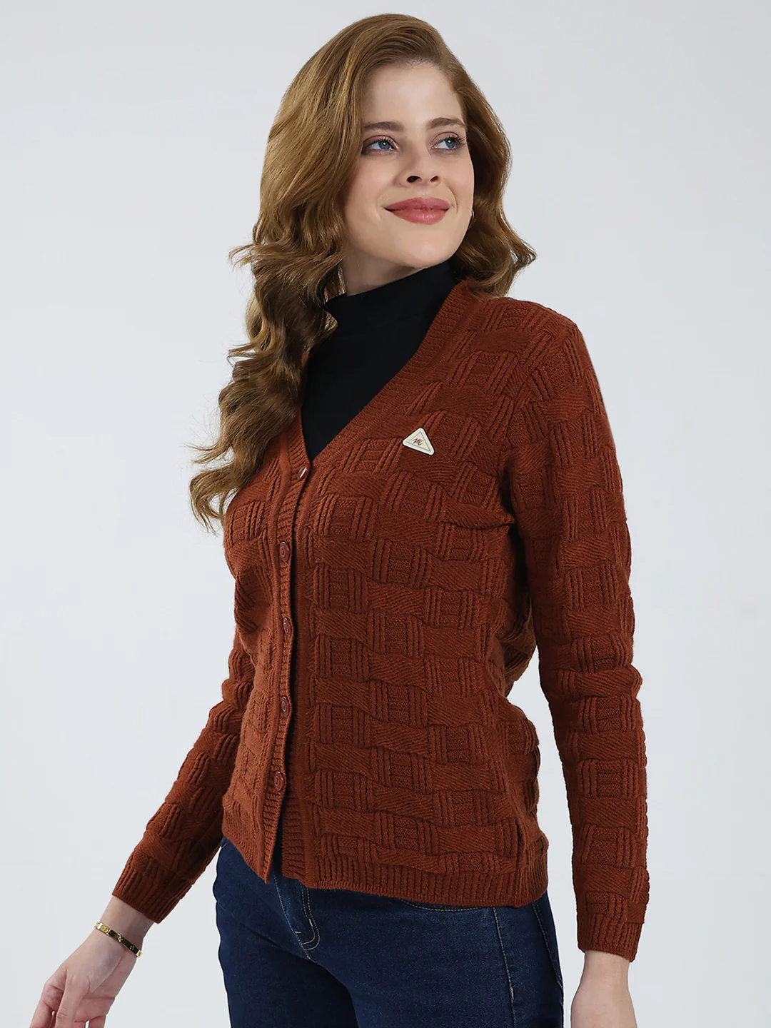 Women Brown Self Design V Neck Full Sleeve Cardigan - Image 3