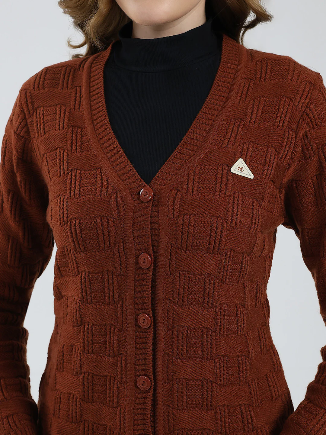 Women Brown Self Design V Neck Full Sleeve Cardigan - Image 7