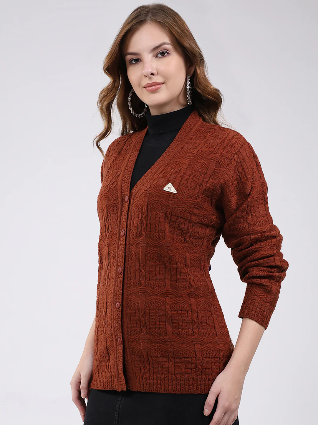 Women Brown Self Design V Neck Full Sleeve Cardigan - Image 3