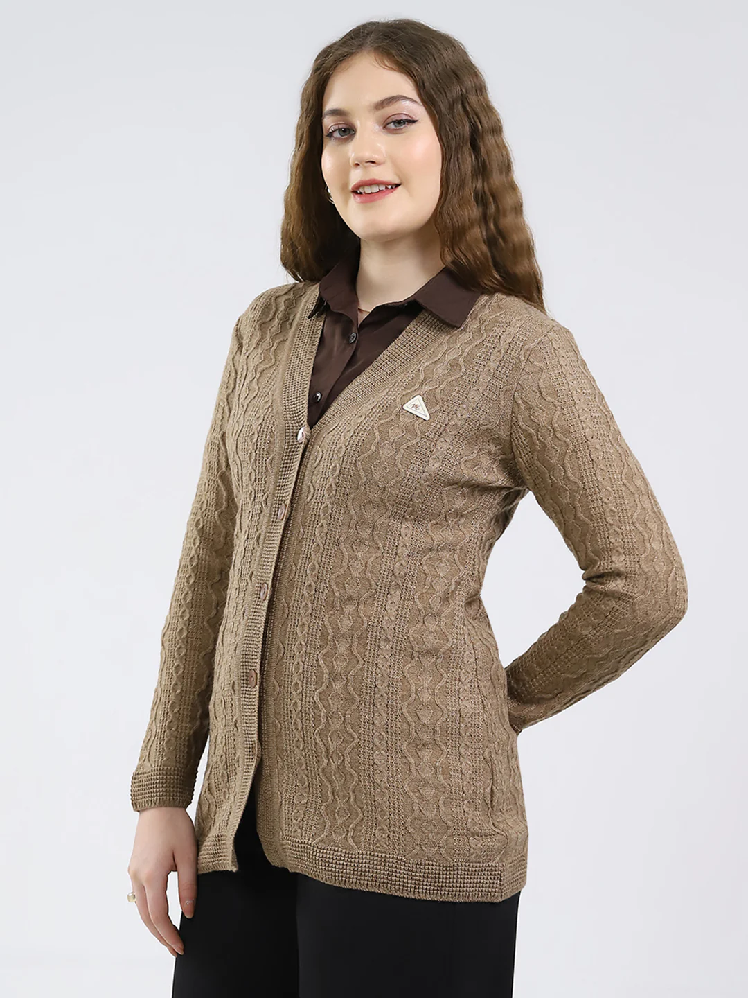 Women Brown Self Design V Neck Full Sleeve Cardigan - Image 3