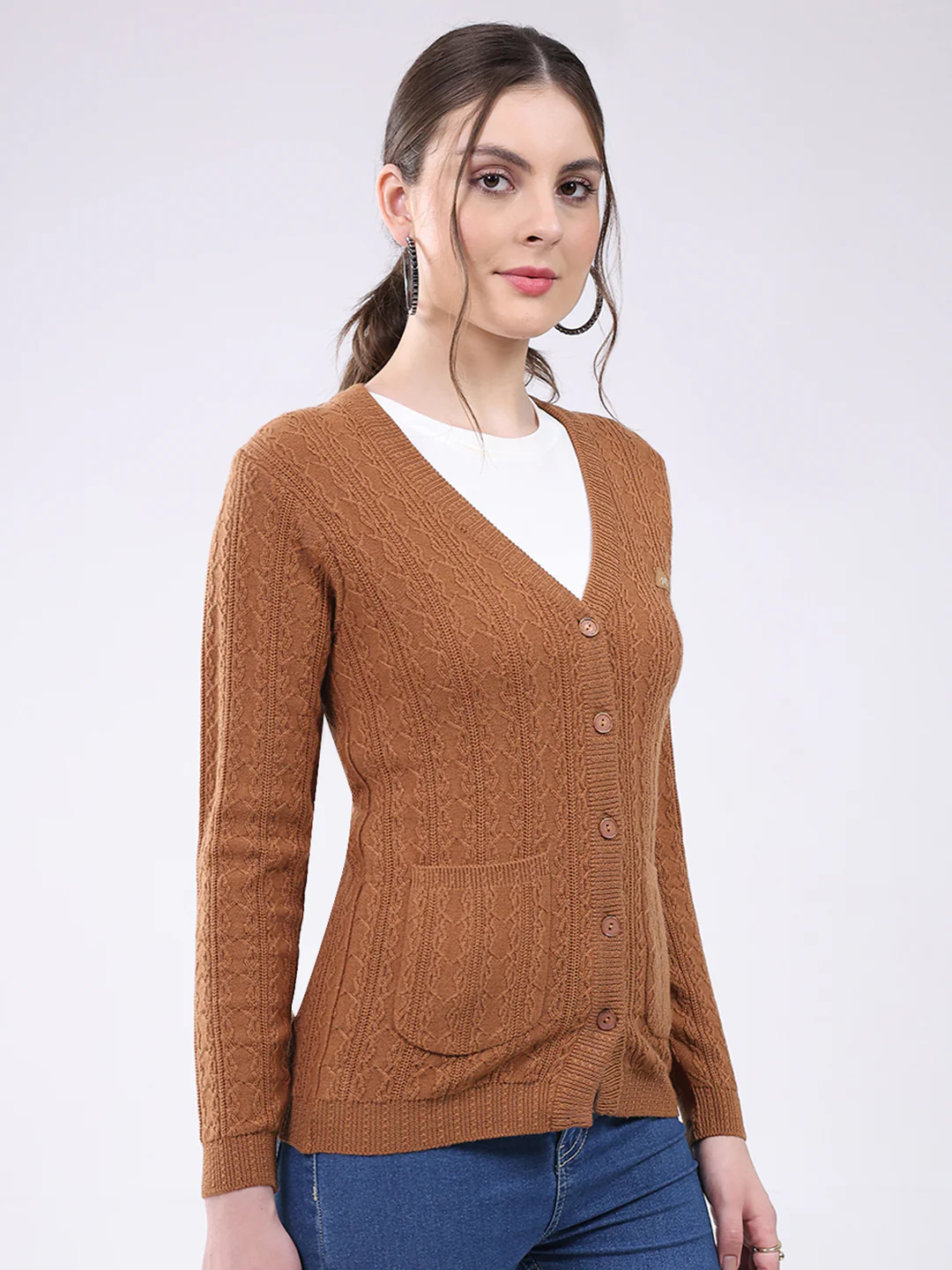 Women Brown Self Design V Neck Full Sleeve Cardigan - Image 4