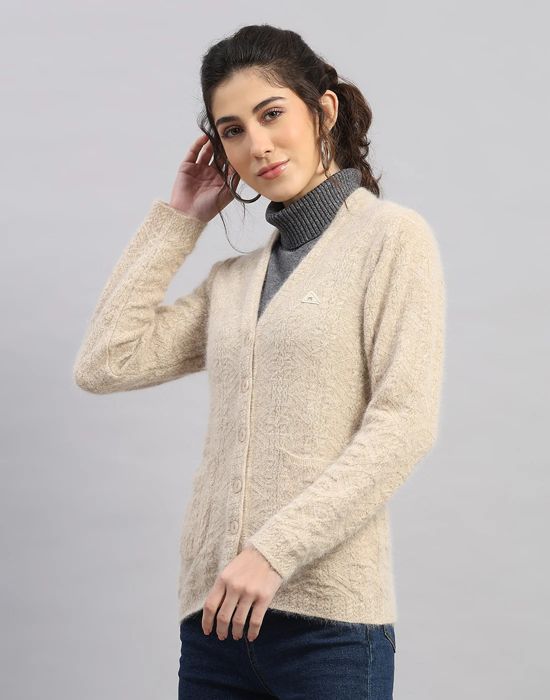 Women Brown Self Design V Neck Full Sleeve Cardigan - Image 2