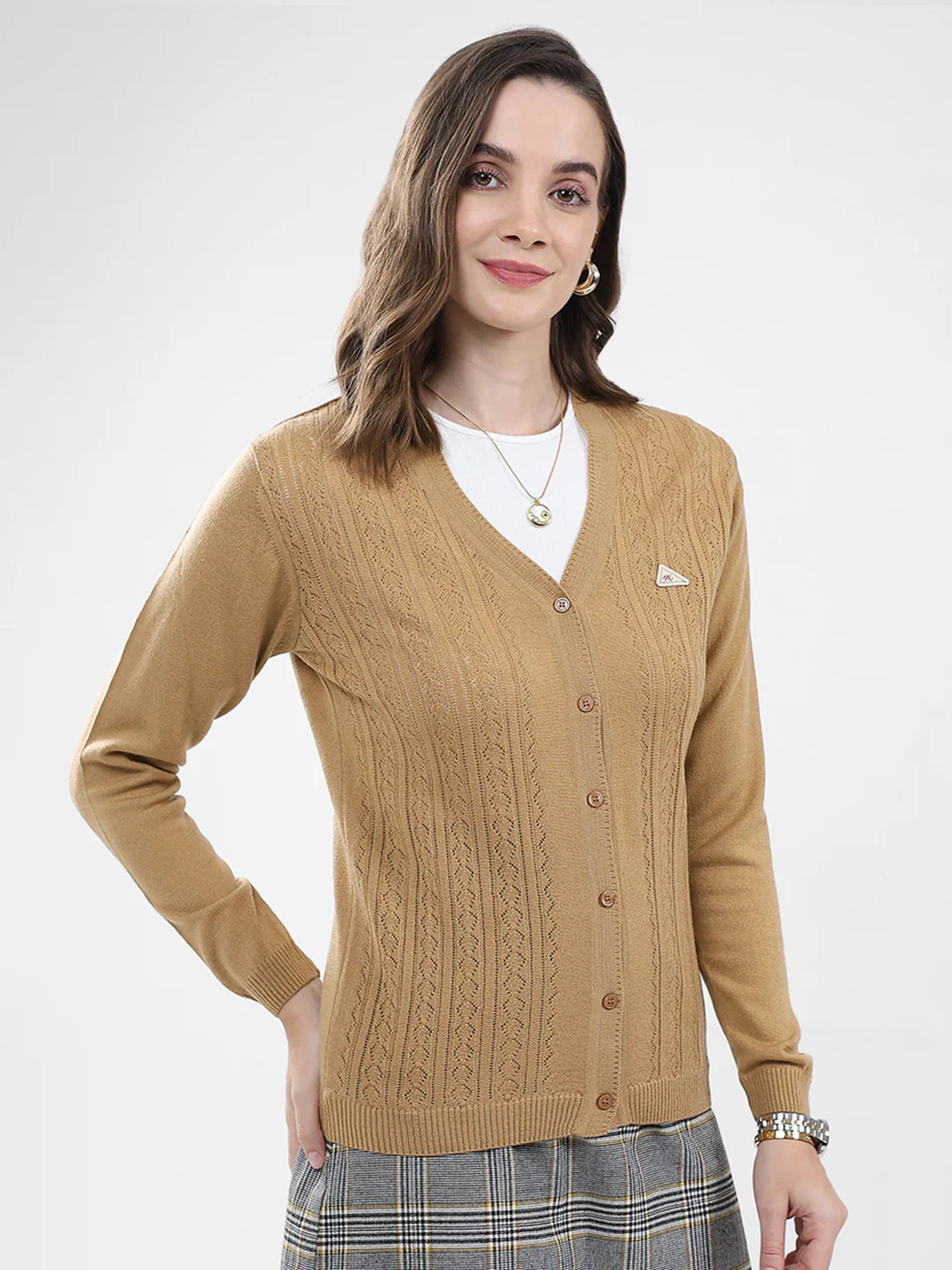 Women Brown Self Design V Neck Full Sleeve Cardigan - Image 4