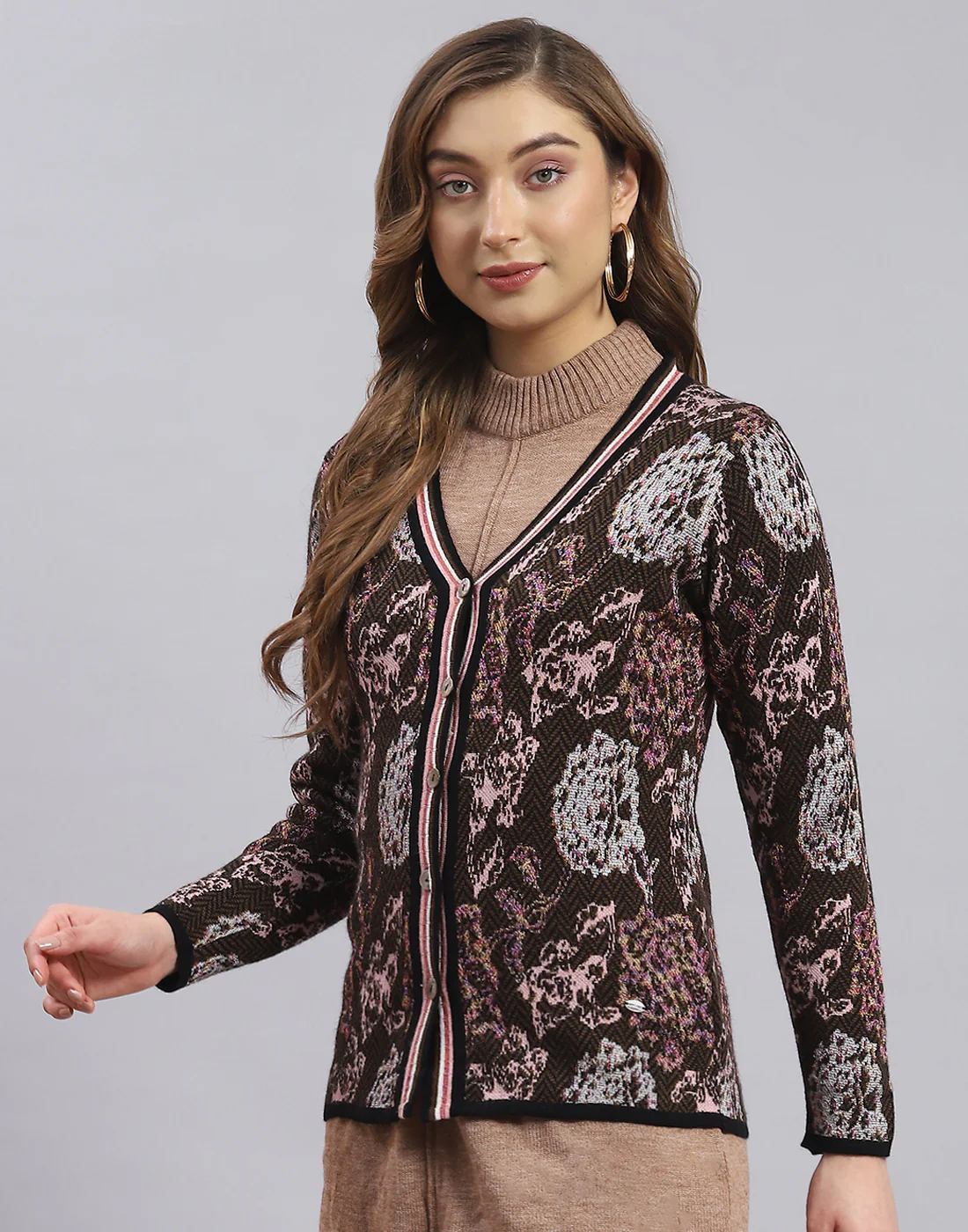 Women Brown Self Design V Neck Full Sleeve Sweater - Image 3