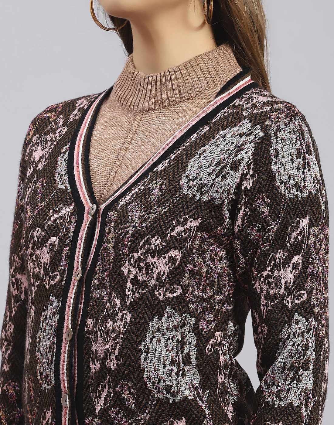 Women Brown Self Design V Neck Full Sleeve Sweater - Image 7