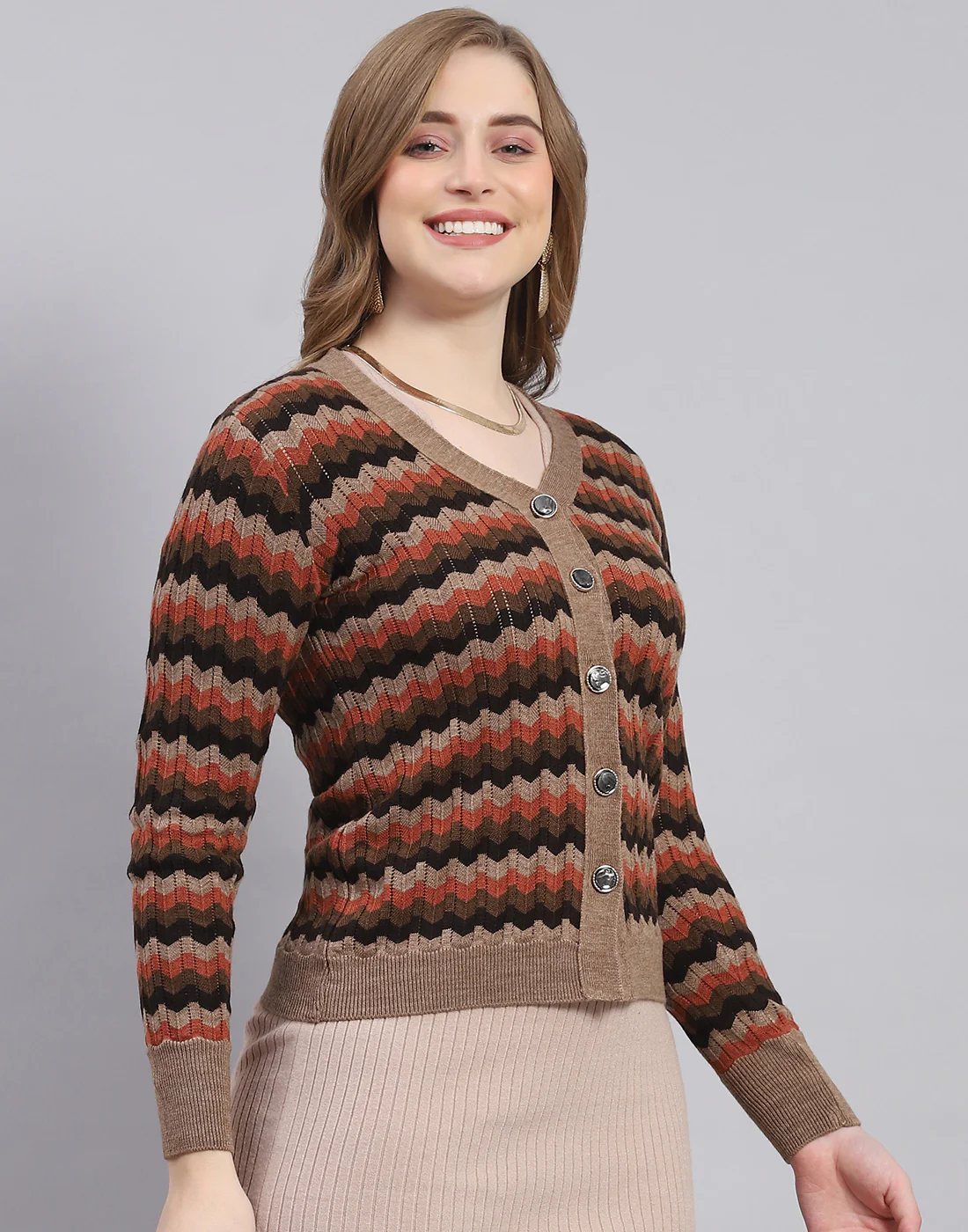 Women Brown Self Design V Neck Full Sleeve Sweater - Image 4