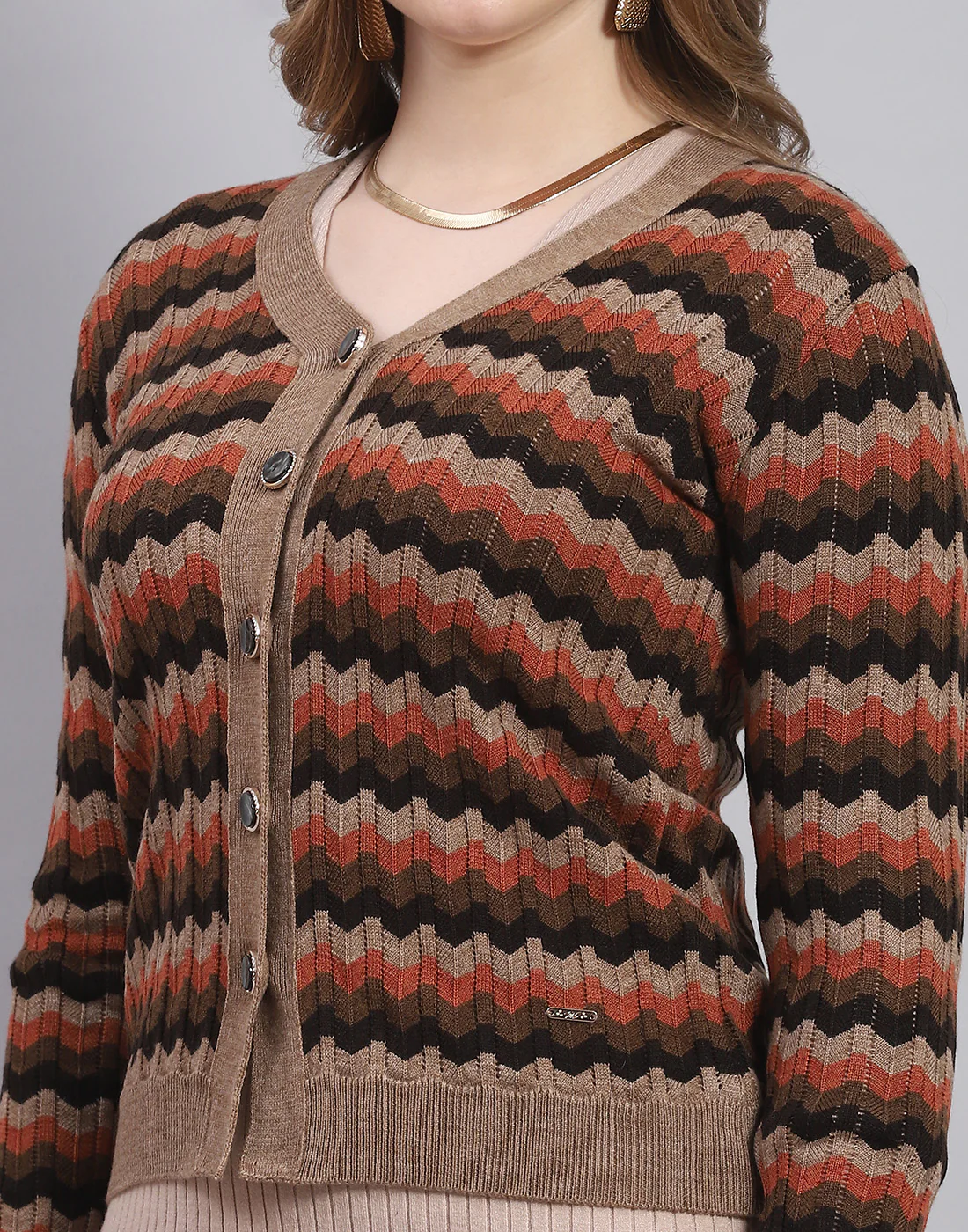 Women Brown Self Design V Neck Full Sleeve Sweater - Image 7