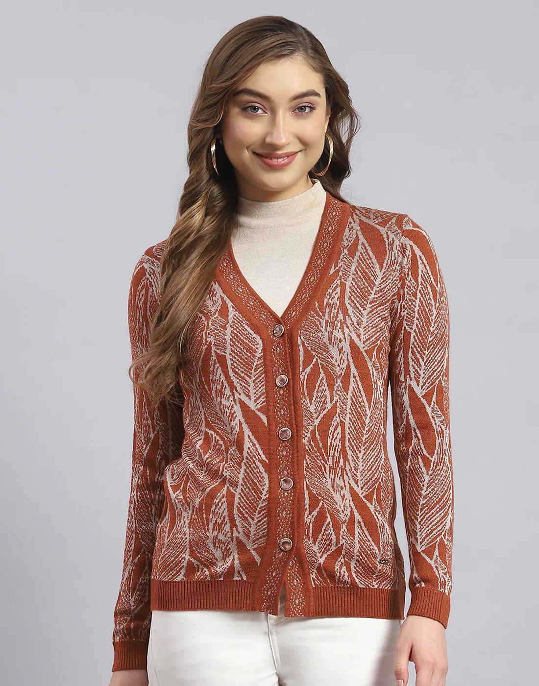 Women Brown Self Design V Neck Full Sleeve Sweater - Image 2
