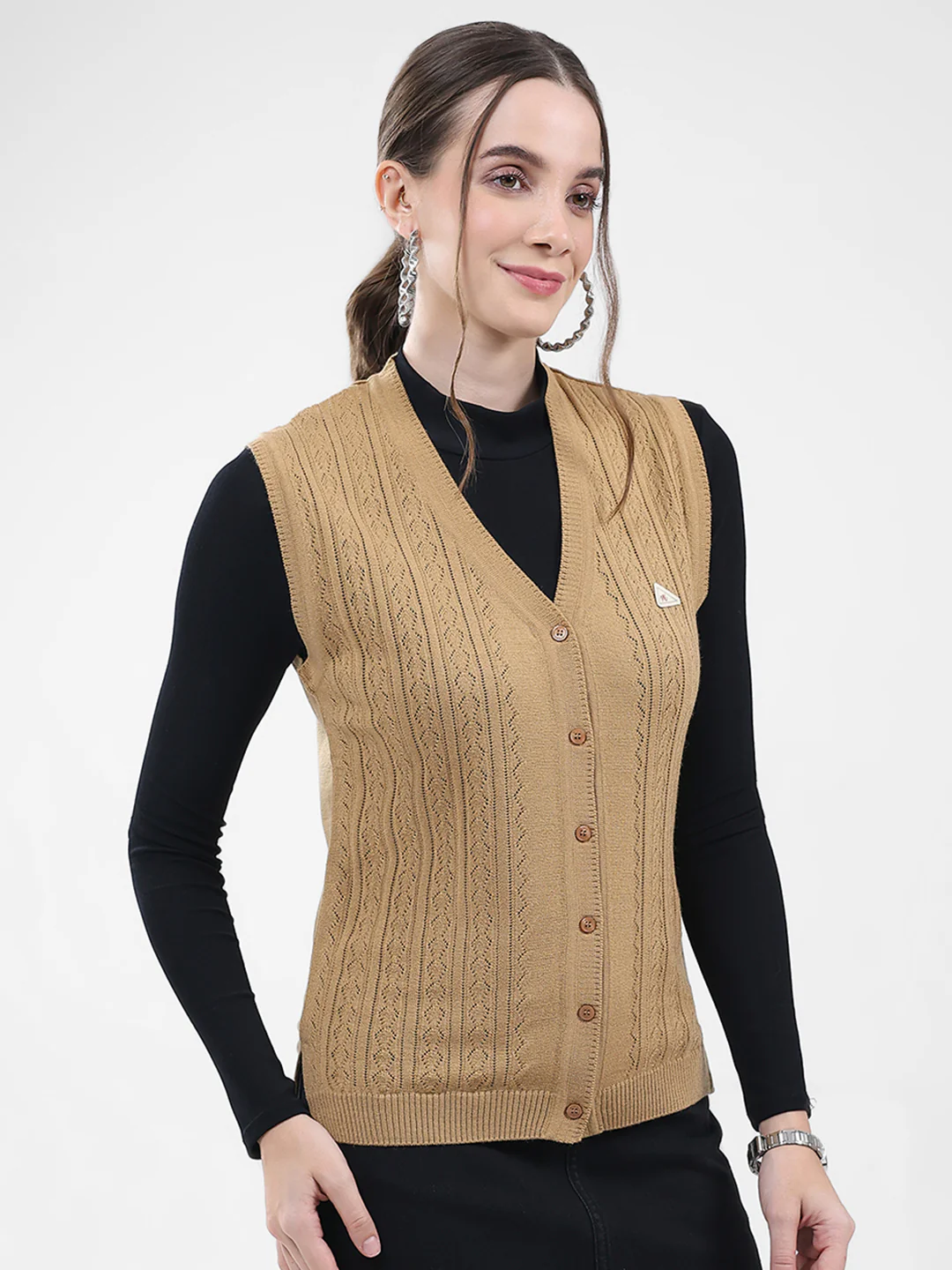 Women Brown Self Design V Neck Sleeveless Cardigan - Image 4