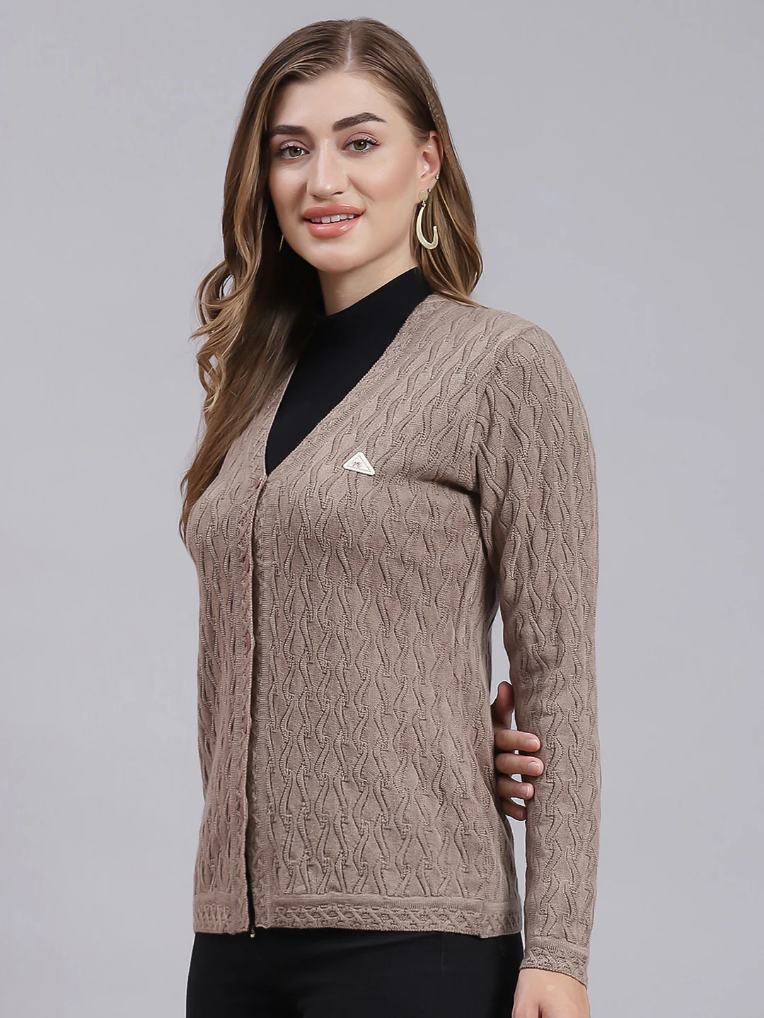 Women Brown Self Design Wool blend Cardigan - Image 3