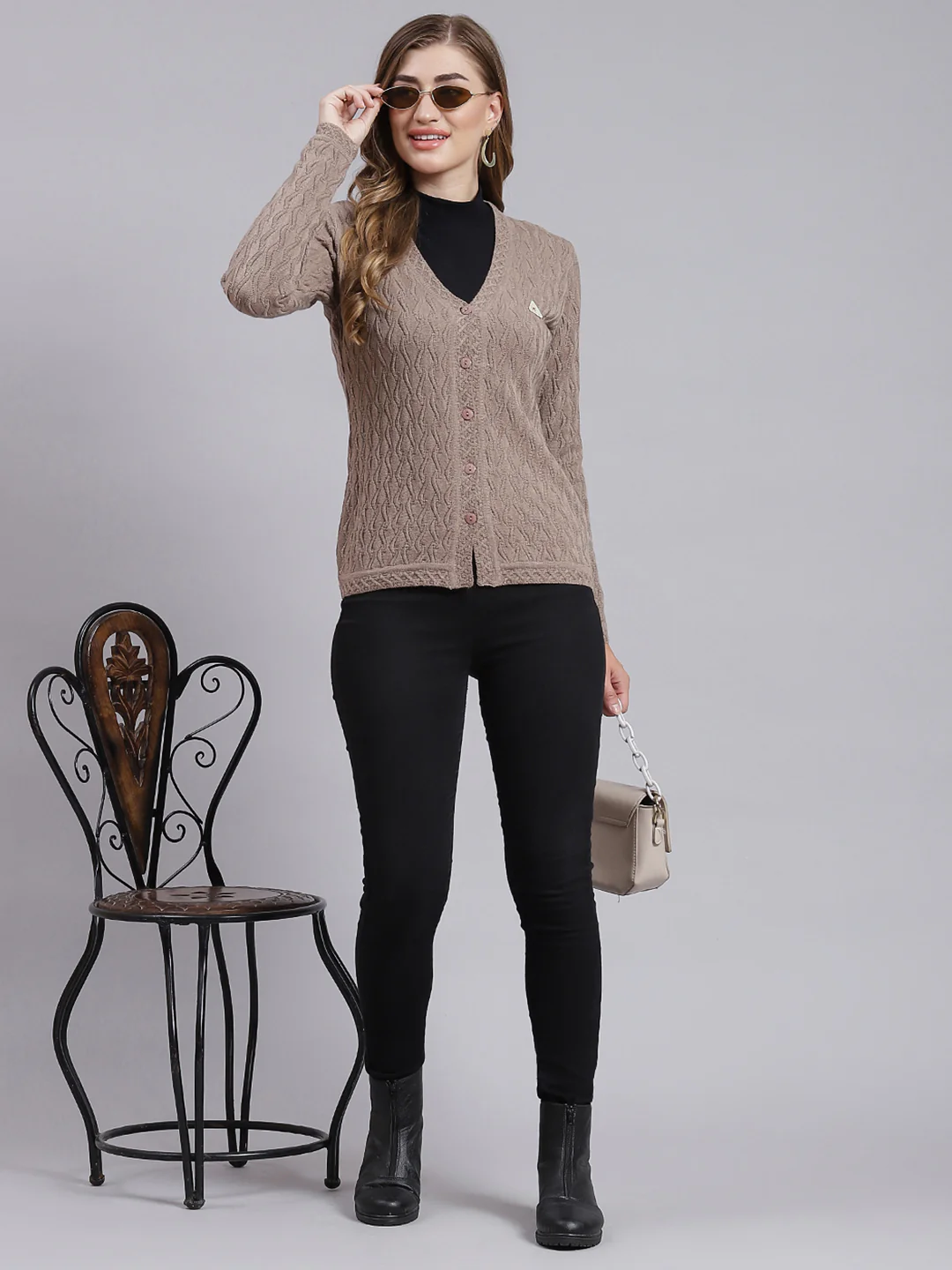 Women Brown Self Design Wool blend Cardigan - Image 5