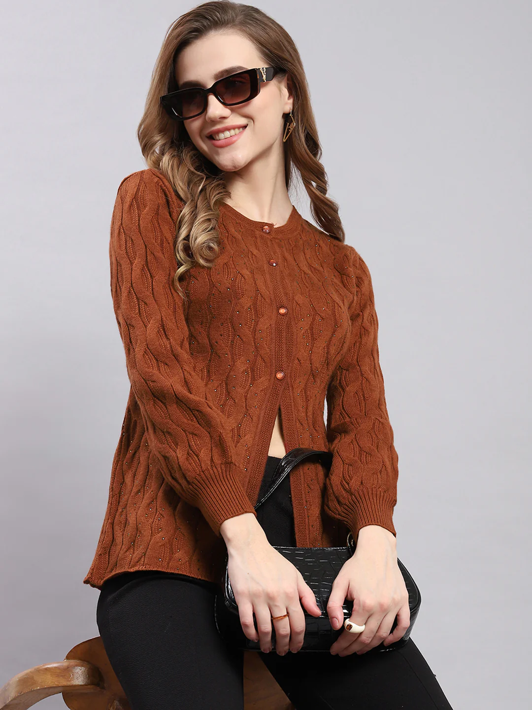 Women Brown Self Design Round Neck Full Sleeve Cardigans - Image 2