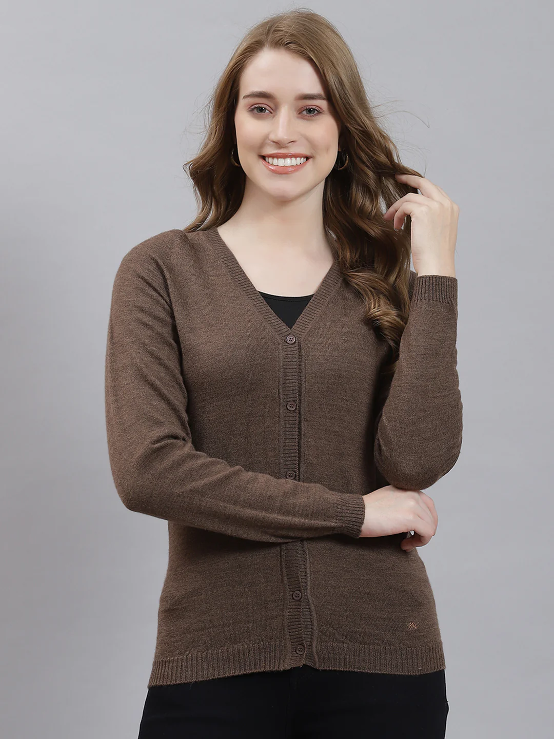 Women Brown Solid Cardigan - Image 2