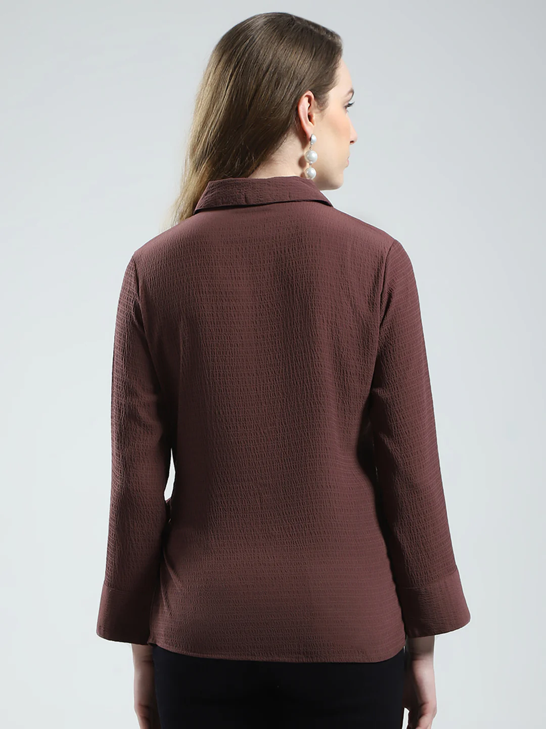 Women Brown Solid Collar 3/4th Sleeve Top - Image 5