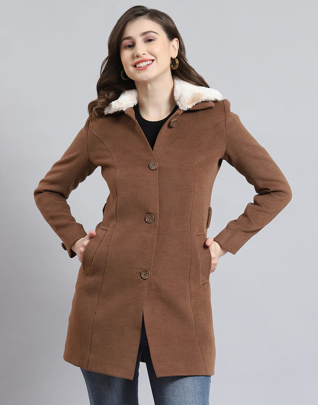 Women Brown Solid Collar Full Sleeve Coat - Image 2