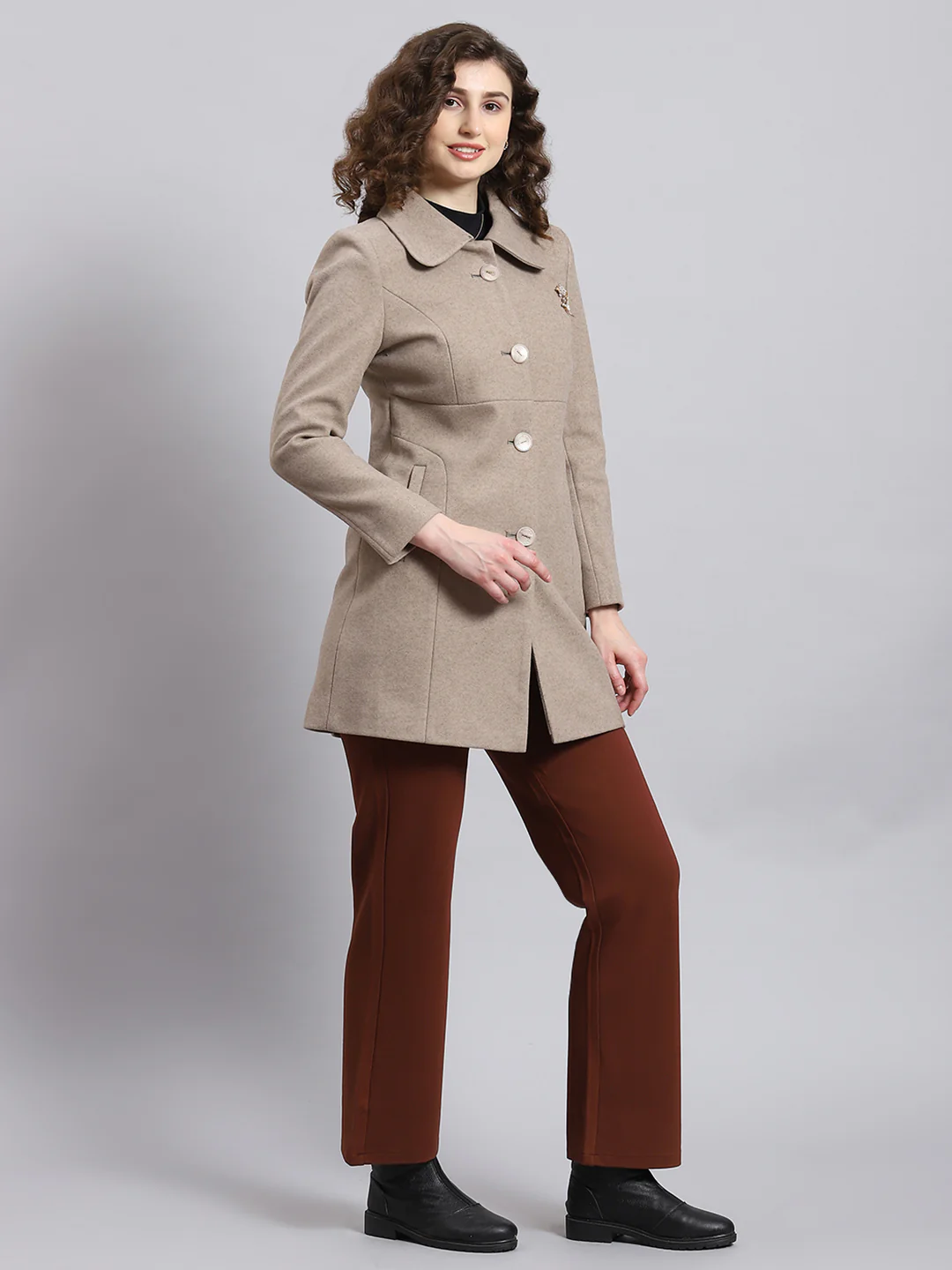 Women Brown Solid Collar Full Sleeve Coat - Image 3