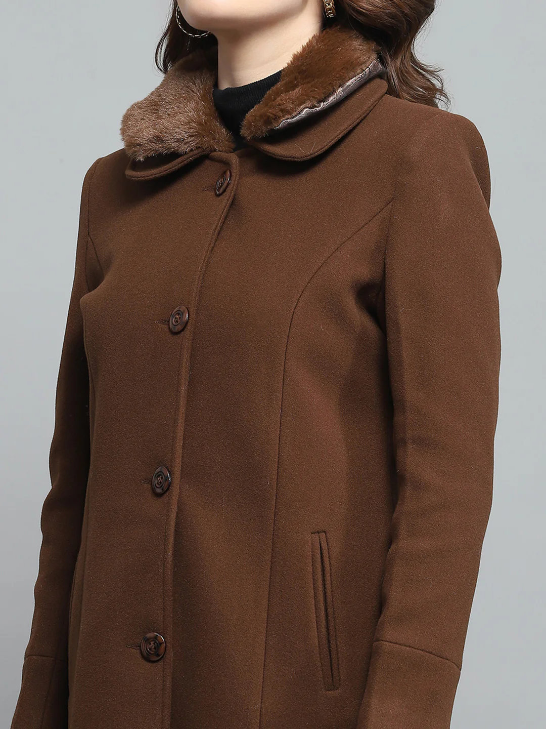 Women Brown Solid Collar Full Sleeve Coat - Image 6