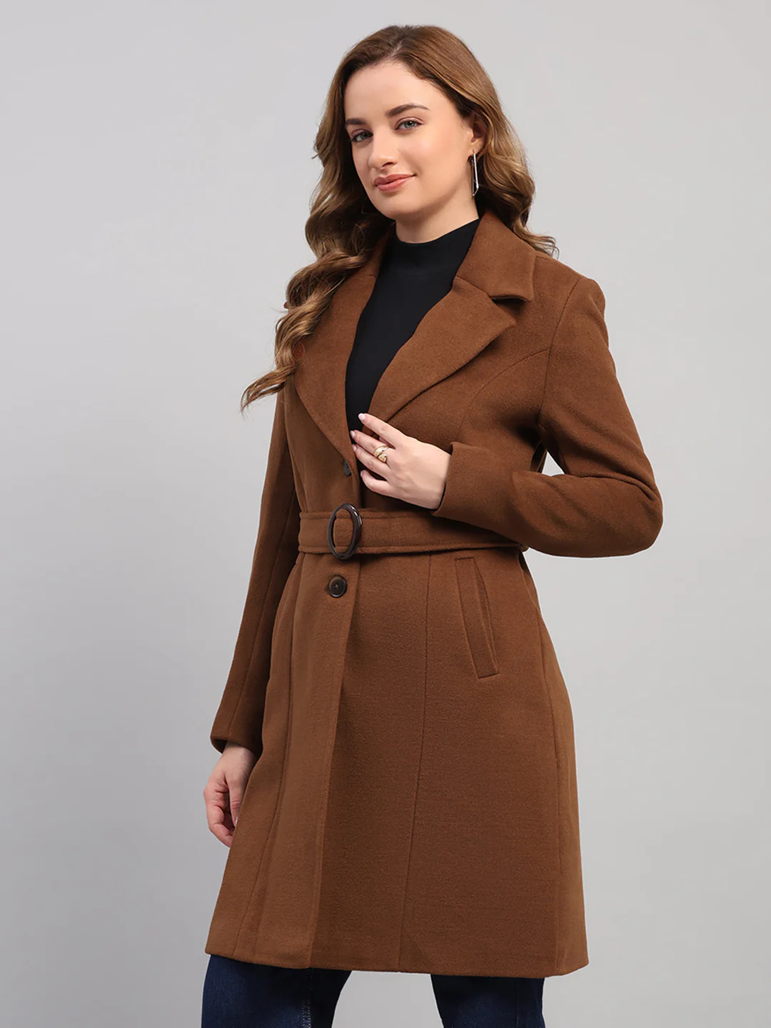 Women Brown Solid Collar Full Sleeve Coat - Image 3