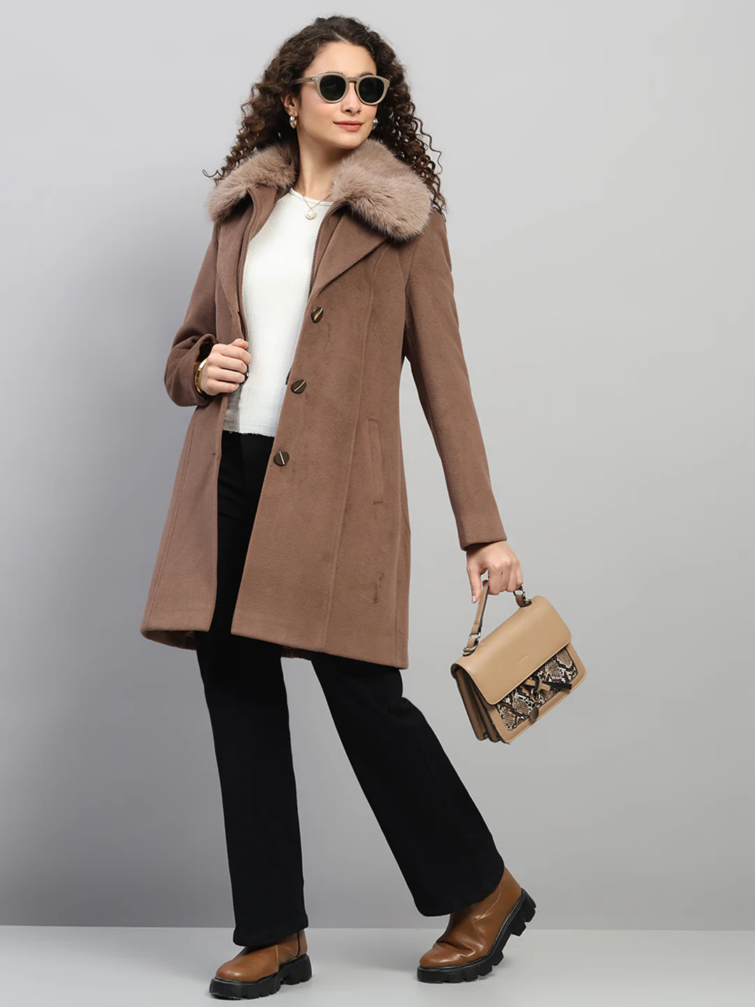 Women Brown Solid Collar Full Sleeve Coat - Image 2