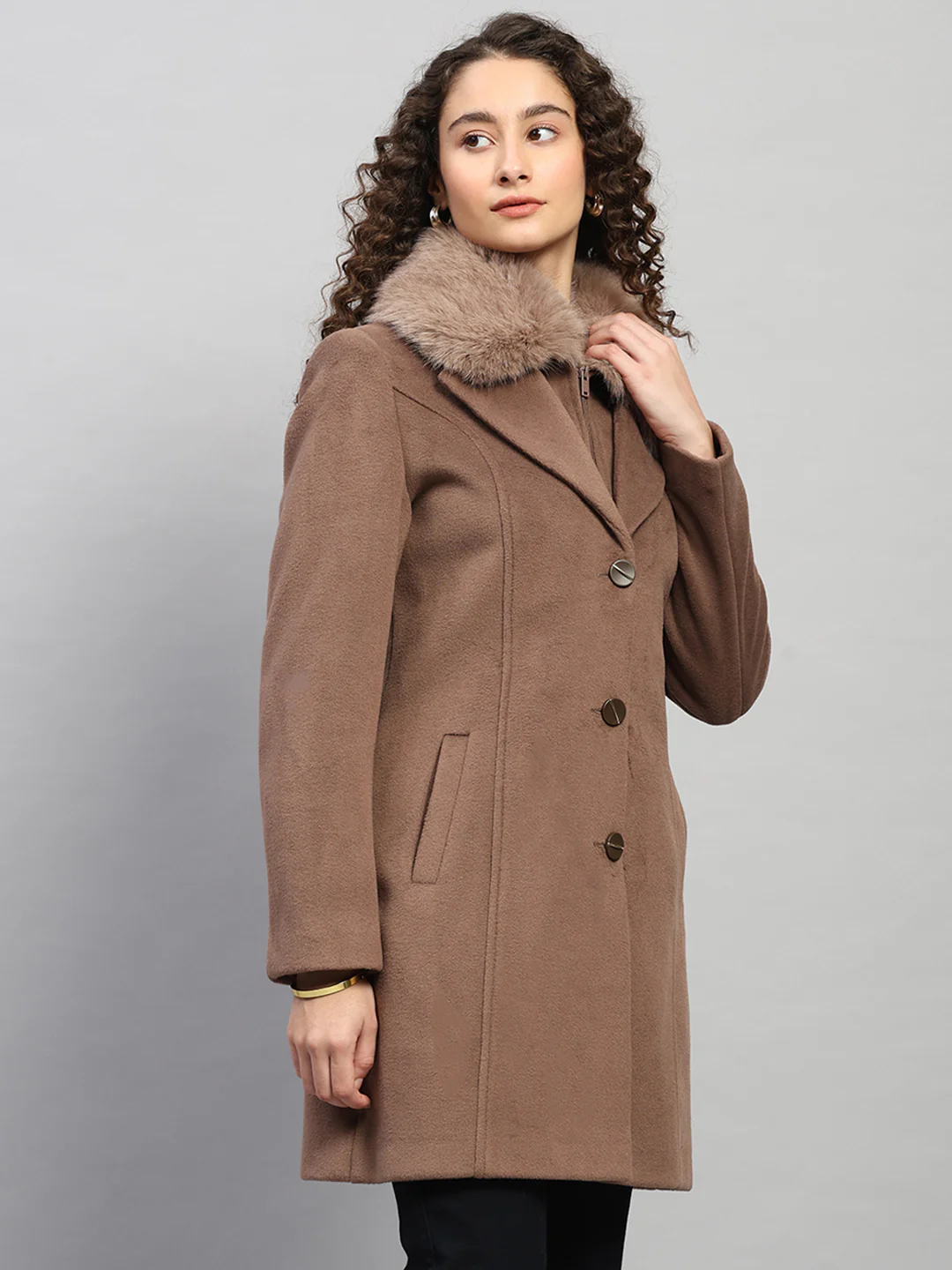 Women Brown Solid Collar Full Sleeve Coat - Image 4