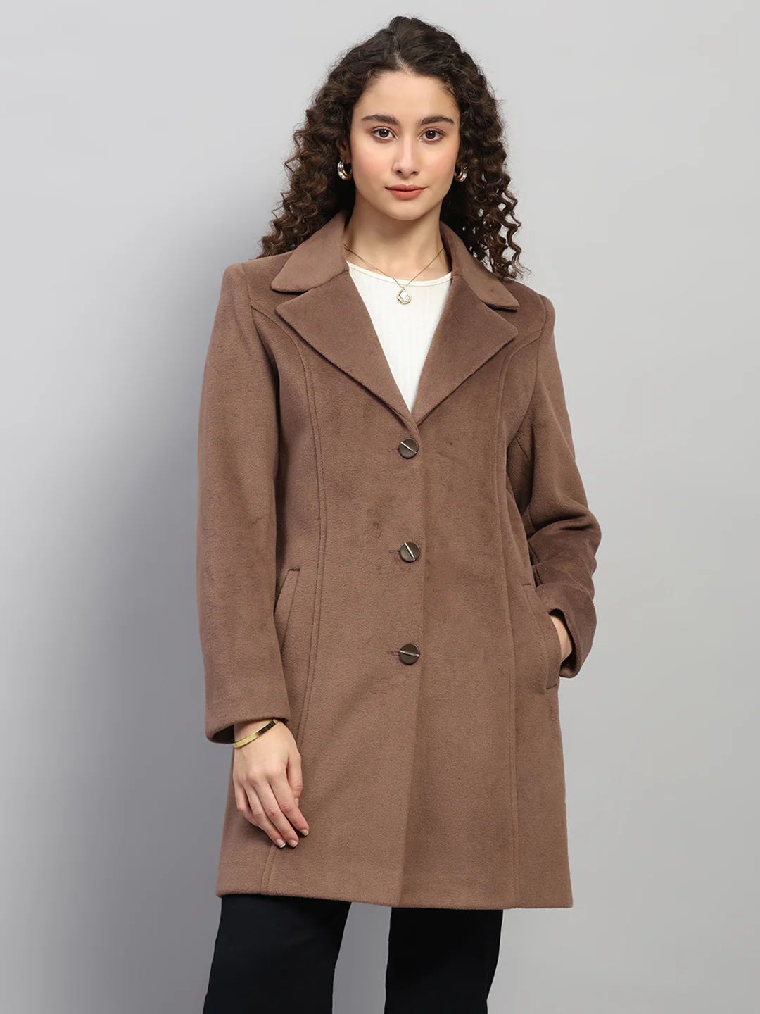 Women Brown Solid Collar Full Sleeve Coat - Image 6