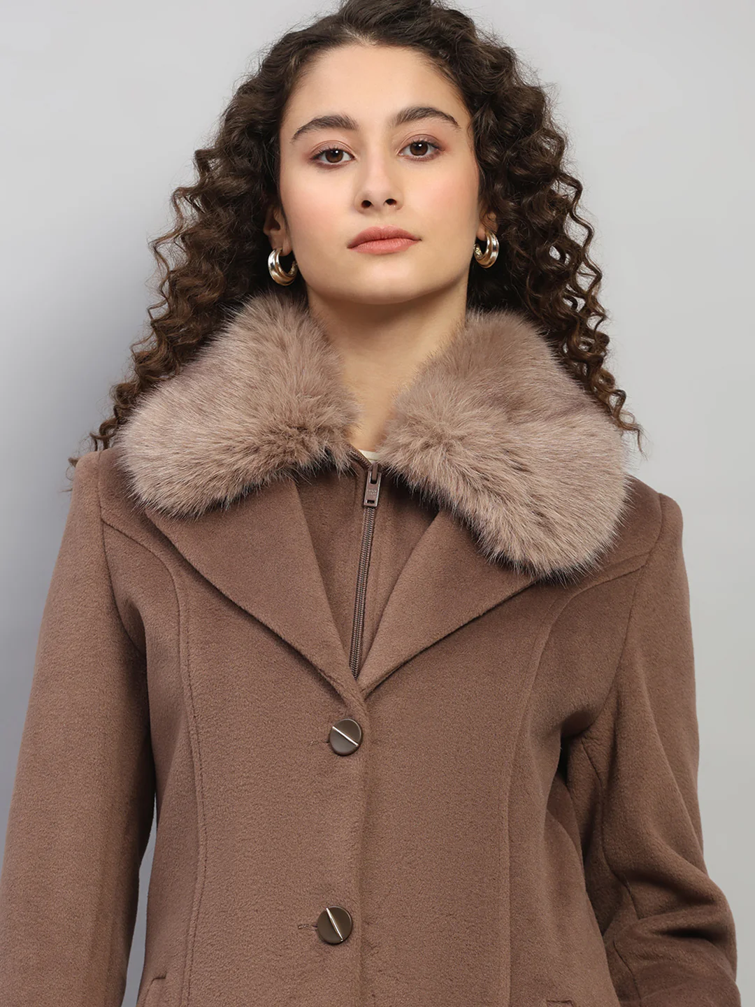 Women Brown Solid Collar Full Sleeve Coat - Image 7