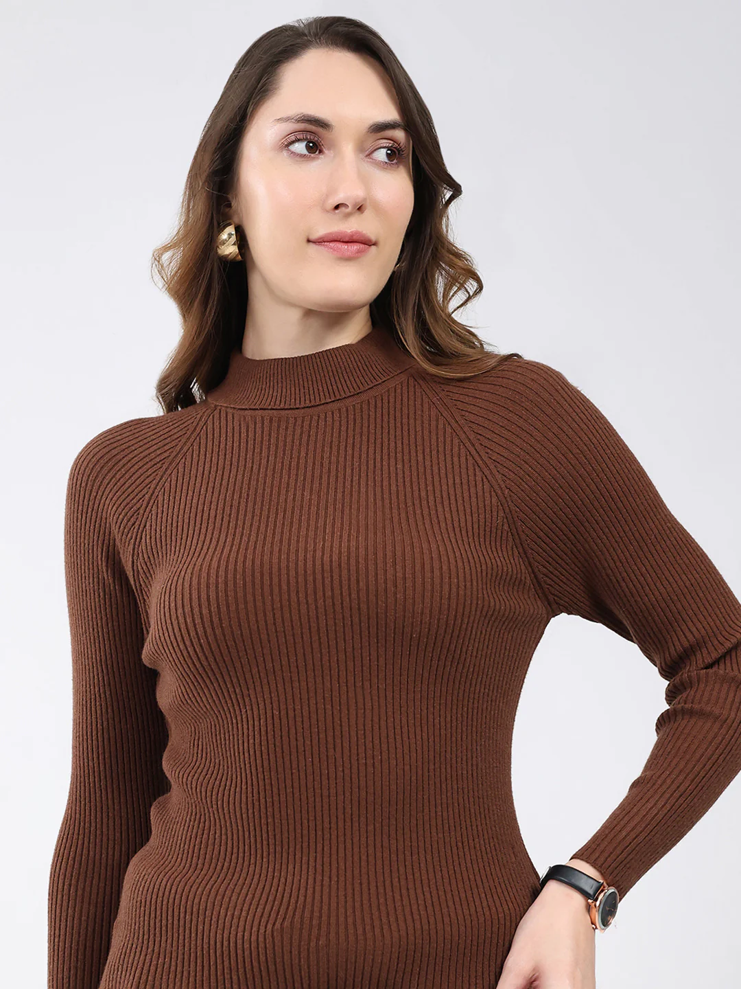 Women Brown Solid High Neck Full Sleeve Sceavy - Image 7
