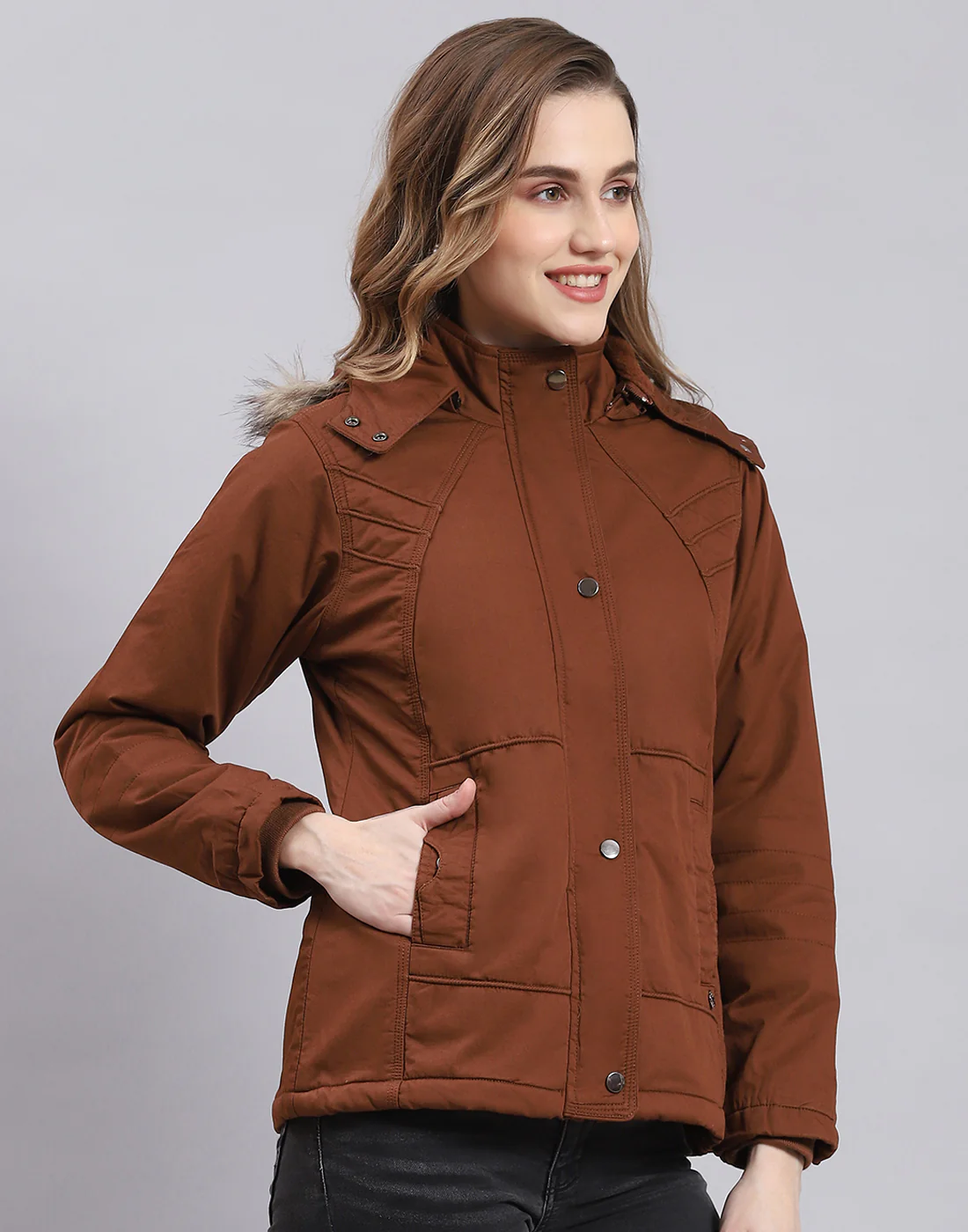 Women Brown Solid Hooded Full Sleeve Jacket - Image 4