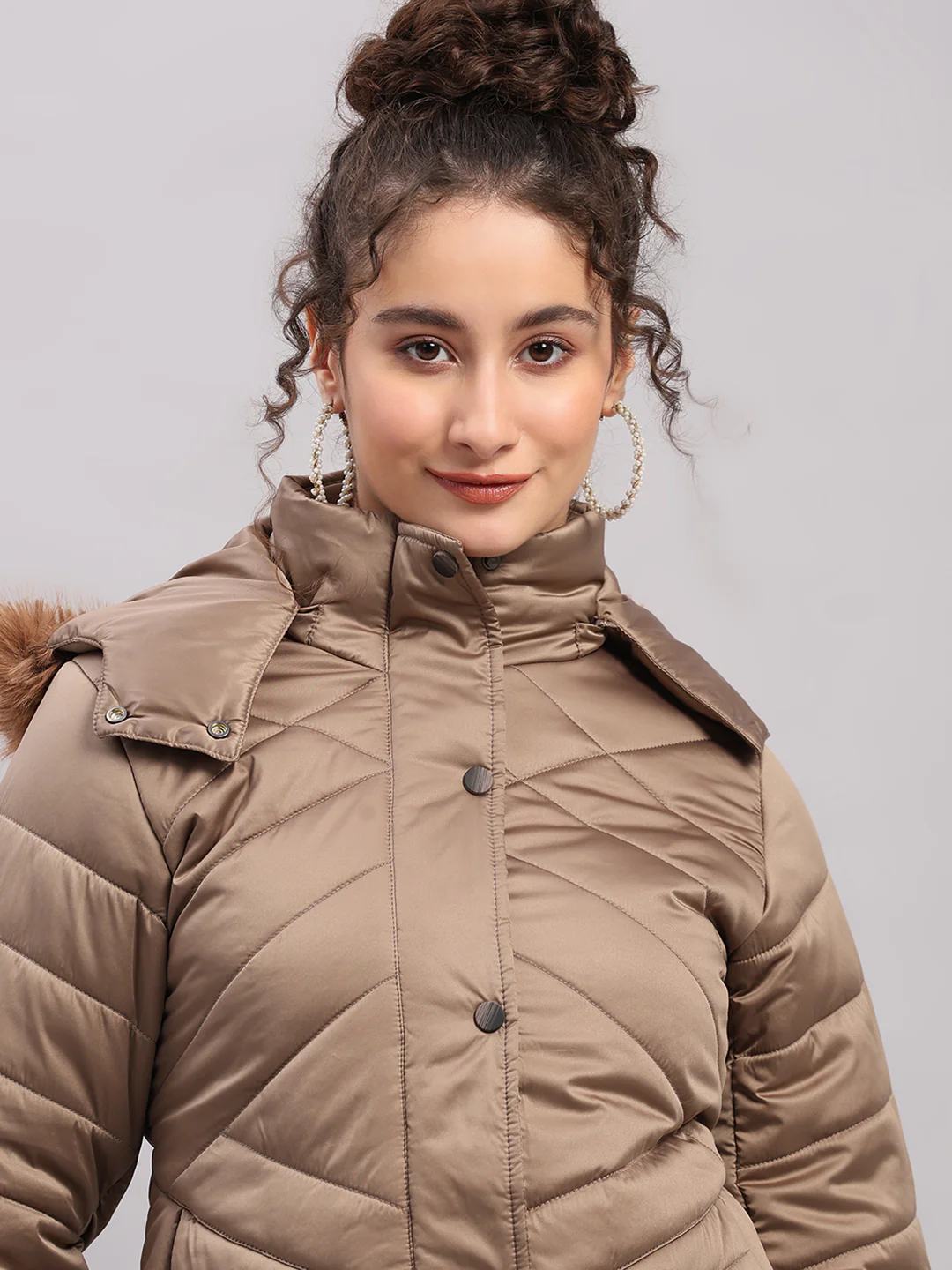 Women Brown Solid Hooded Full Sleeve Jacket - Image 6