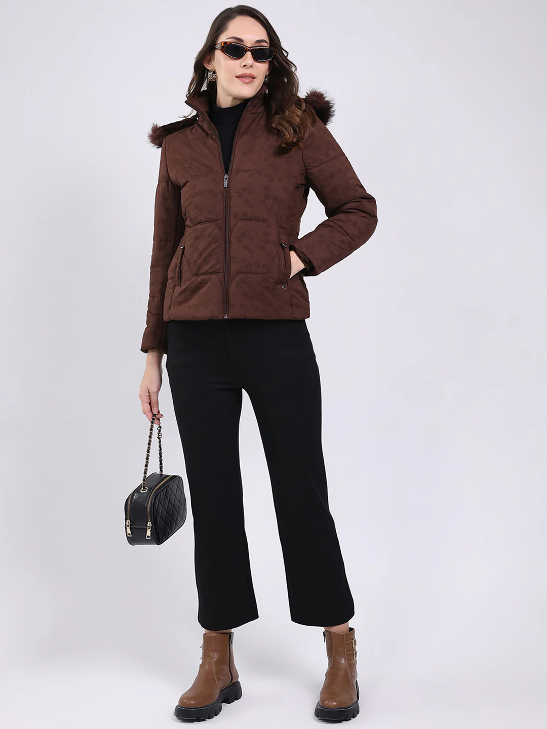 Women Brown Solid Hooded Full Sleeve Jacket - Image 2