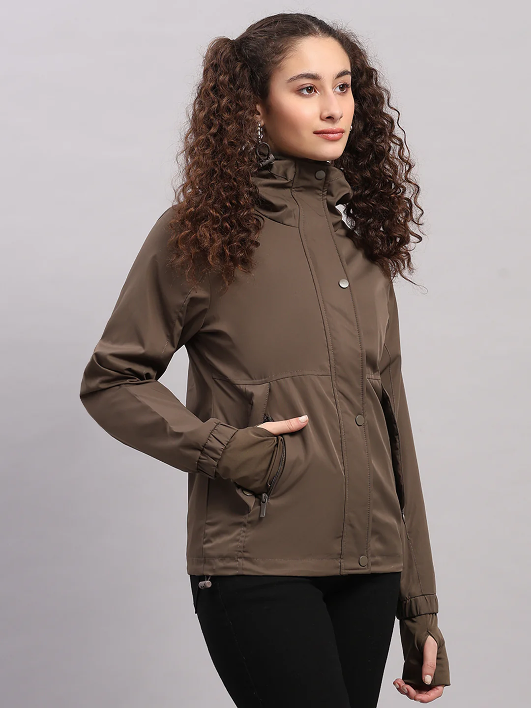 Women Brown Solid Hooded Full Sleeve Jacket - Image 4