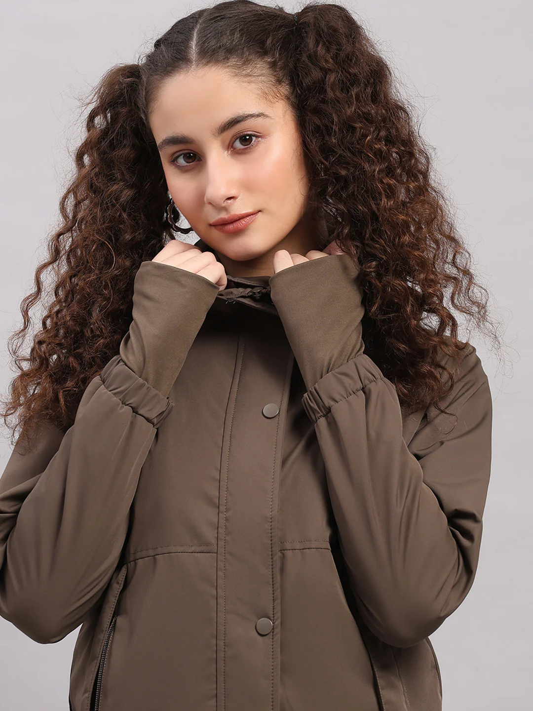 Women Brown Solid Hooded Full Sleeve Jacket - Image 6