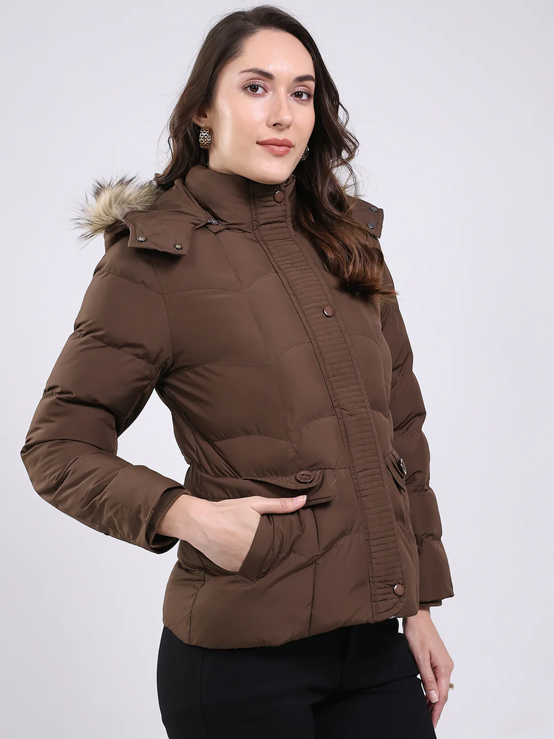 Women Brown Solid Hooded Full Sleeve Jacket - Image 4