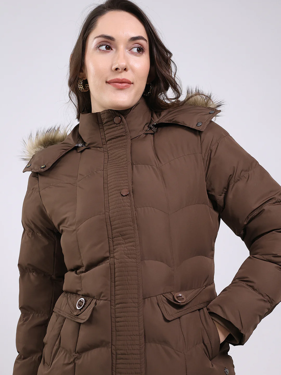 Women Brown Solid Hooded Full Sleeve Jacket - Image 6