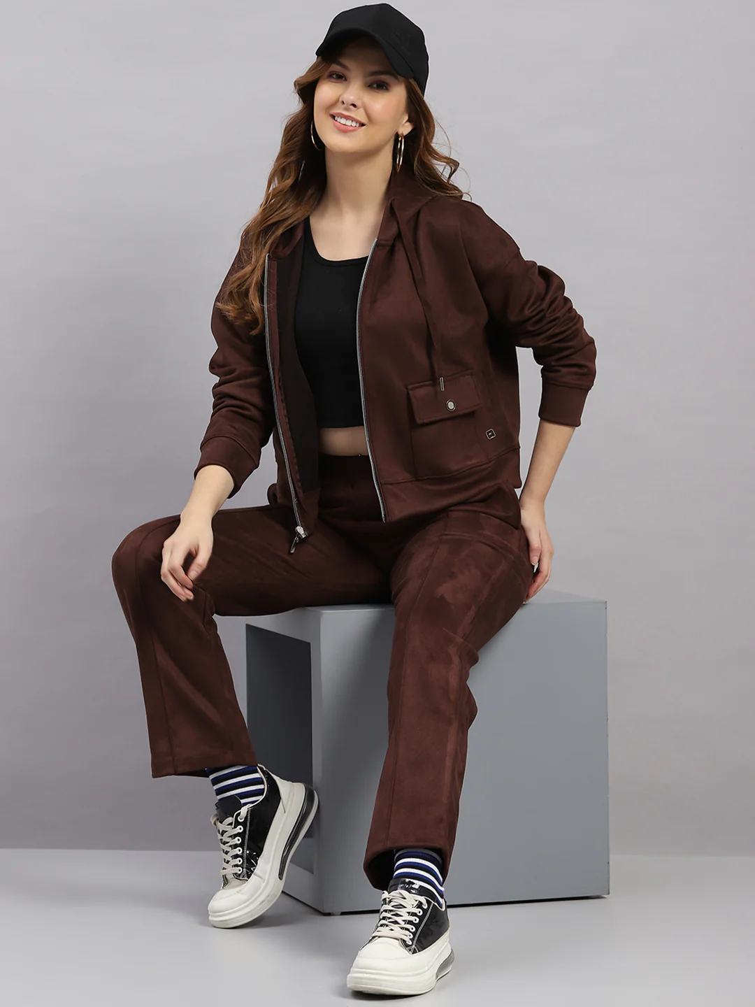 Women Brown Solid Hooded Full Sleeve Winter Tracksuit - Image 2