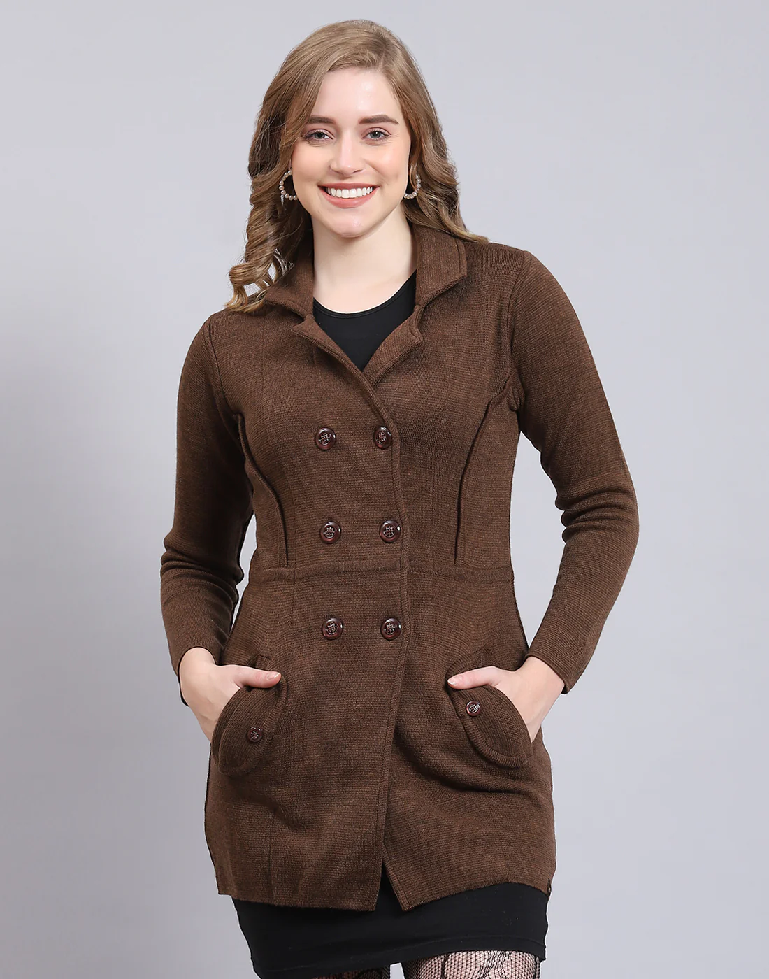 Women Brown Solid Lapel Collar Full Sleeve Cardigan - Image 3