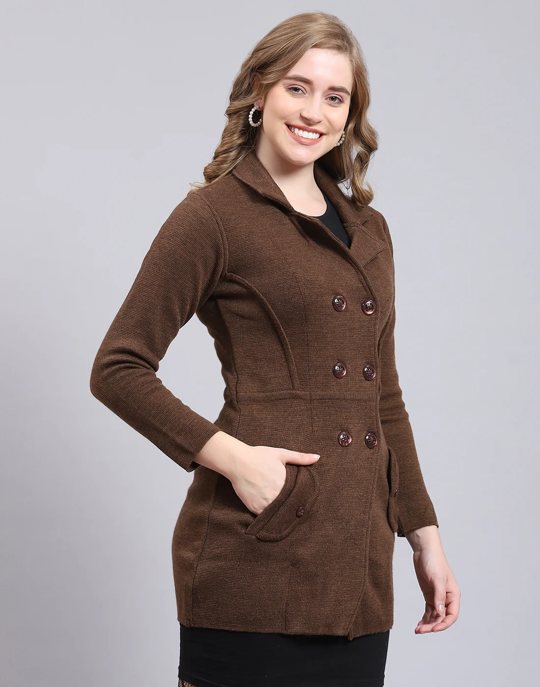 Women Brown Solid Lapel Collar Full Sleeve Cardigan - Image 6