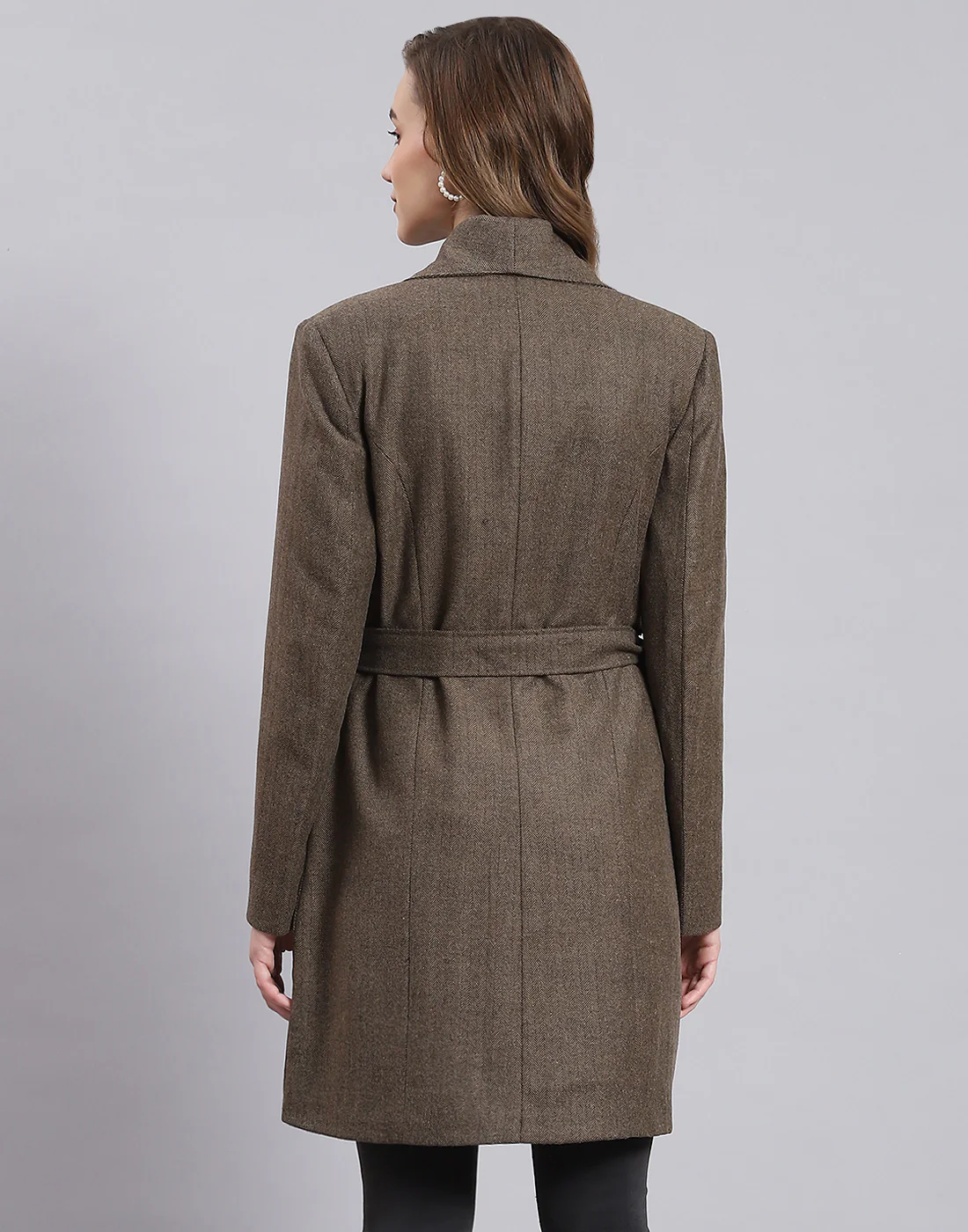 Women Brown Solid Lapel Collar Full Sleeve Coat - Image 5