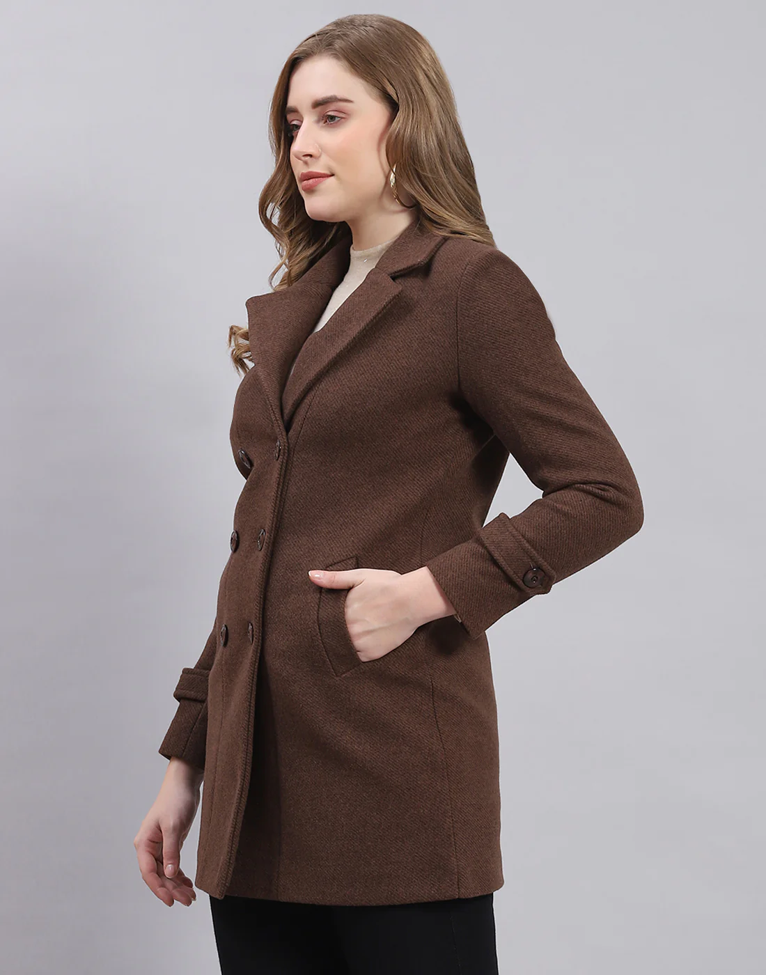 Women Brown Solid Lapel Collar Full Sleeve Coat - Image 3