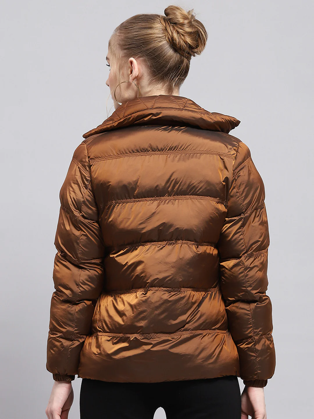 Women Brown Solid Mock Neck Full Sleeve Jacket - Image 5