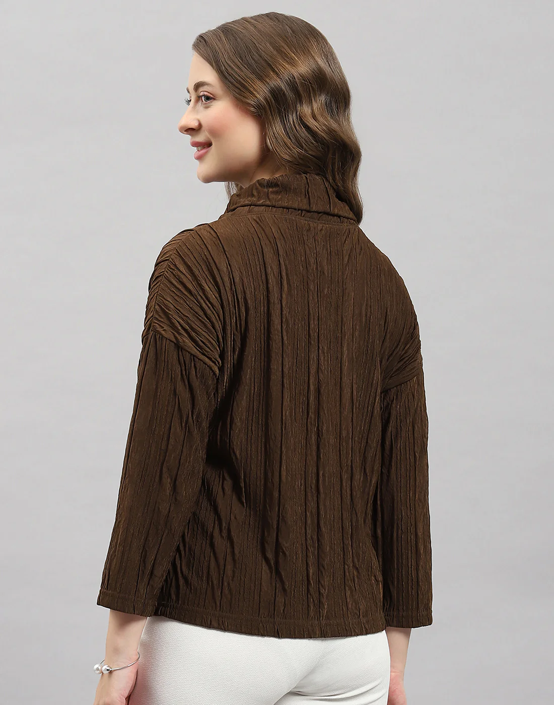 Women Brown Solid Mock Neck Full Sleeve Winter Top - Image 5
