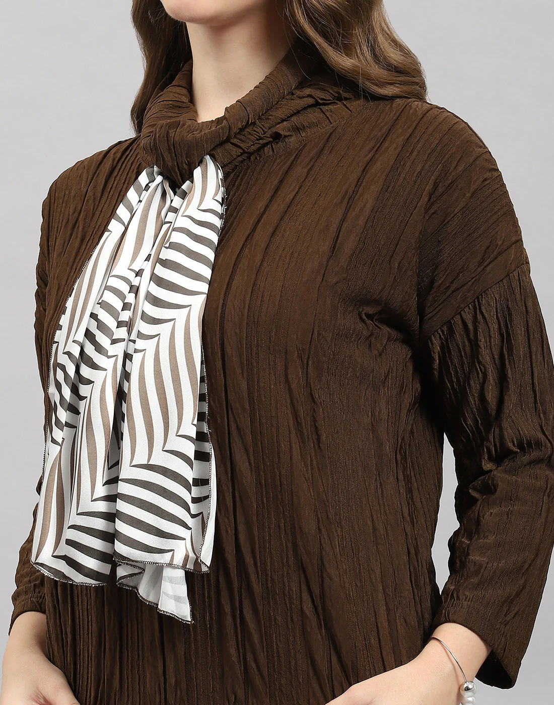 Women Brown Solid Mock Neck Full Sleeve Winter Top - Image 6