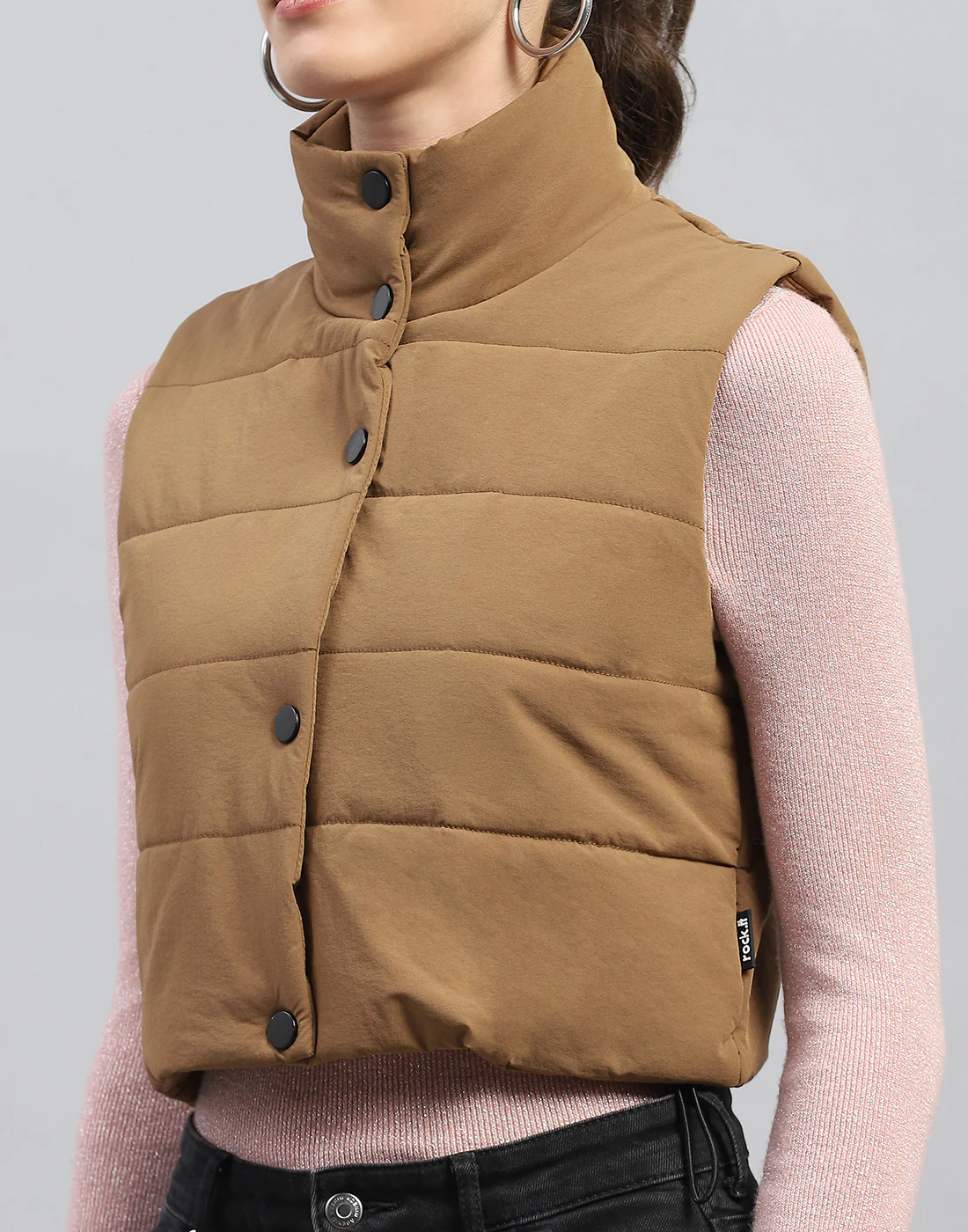 Rock.it Women Brown Solid Mock Neck Sleeveless Jacket - Image 6