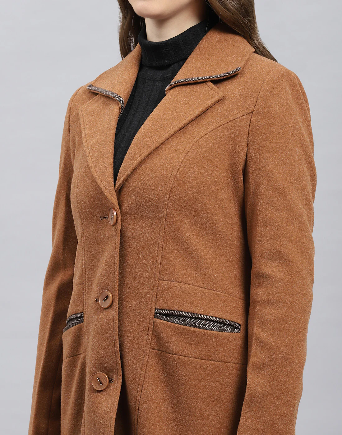 Women Brown Solid Notch Lapel Collar Full Sleeve Coat - Image 6