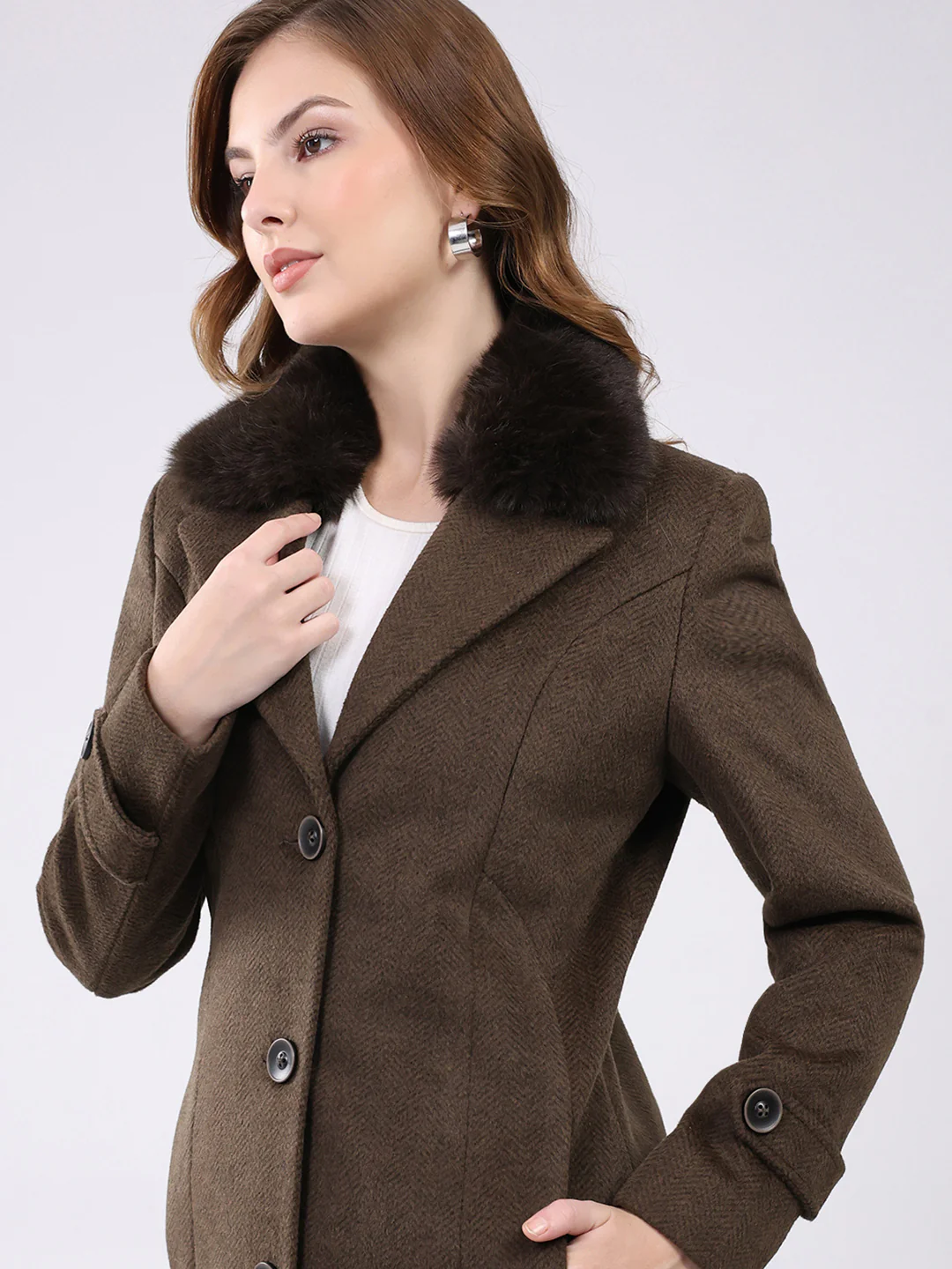 Women Brown Solid Notch Lapel Collar Full Sleeve Coat - Image 7
