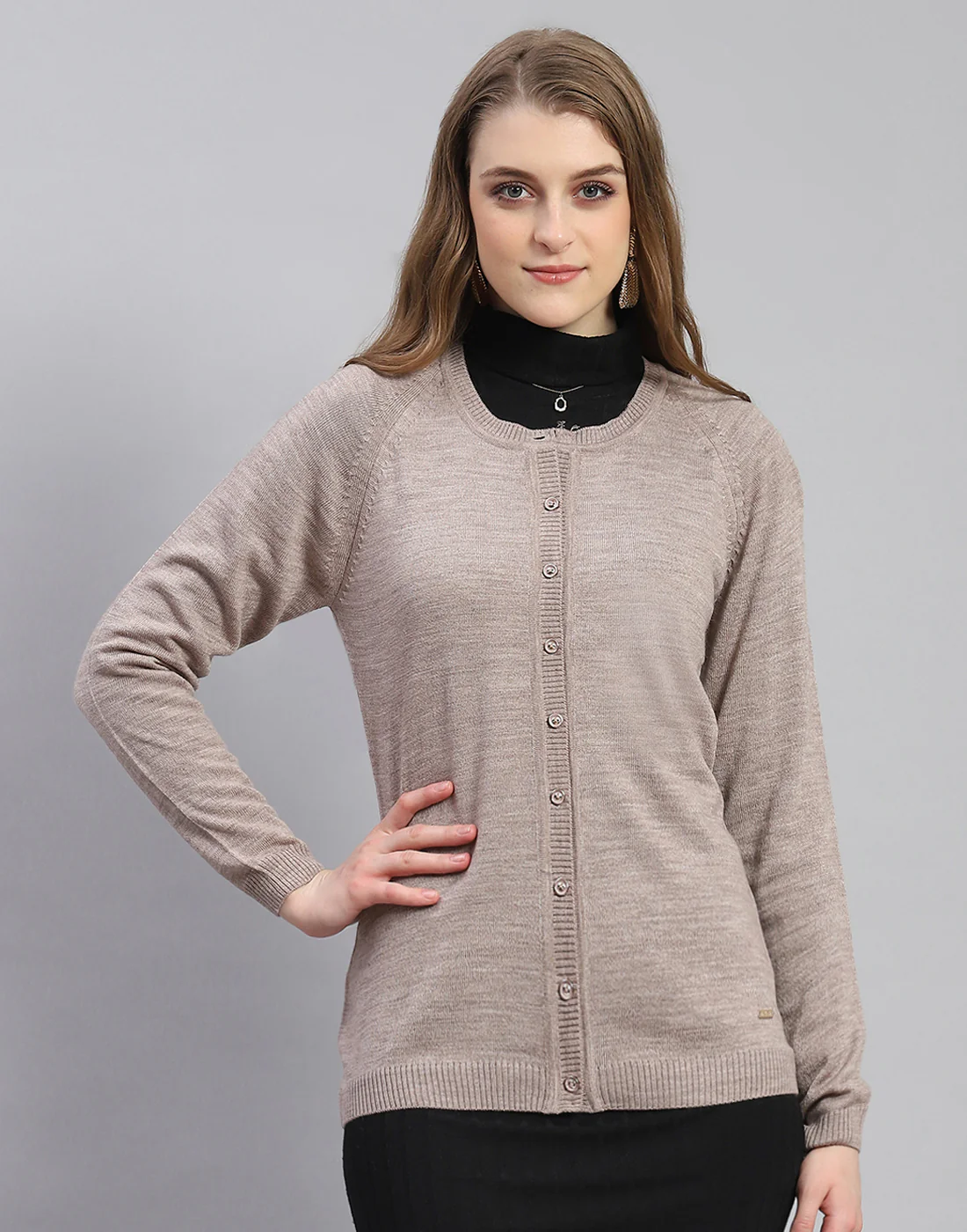 Women Brown Solid Round Neck Full Sleeve Cardigan - Image 2
