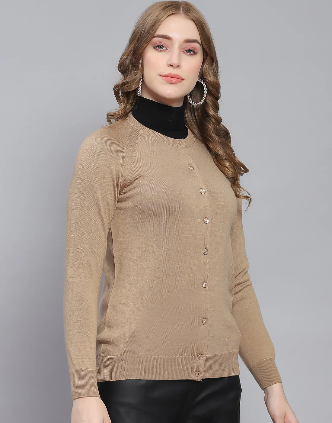 Women Brown Solid Round Neck Full Sleeve Cardigan - Image 4